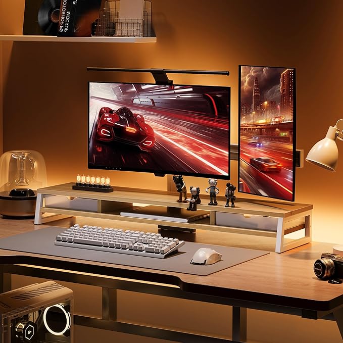 Fenge Dual Monitor Stand, Monitor Riser with Drawer, 42.5 Inch Large Computer Monitor Stand for 2 Monitors, 2 Tier Wooden Desk Shelf for Top of Desk