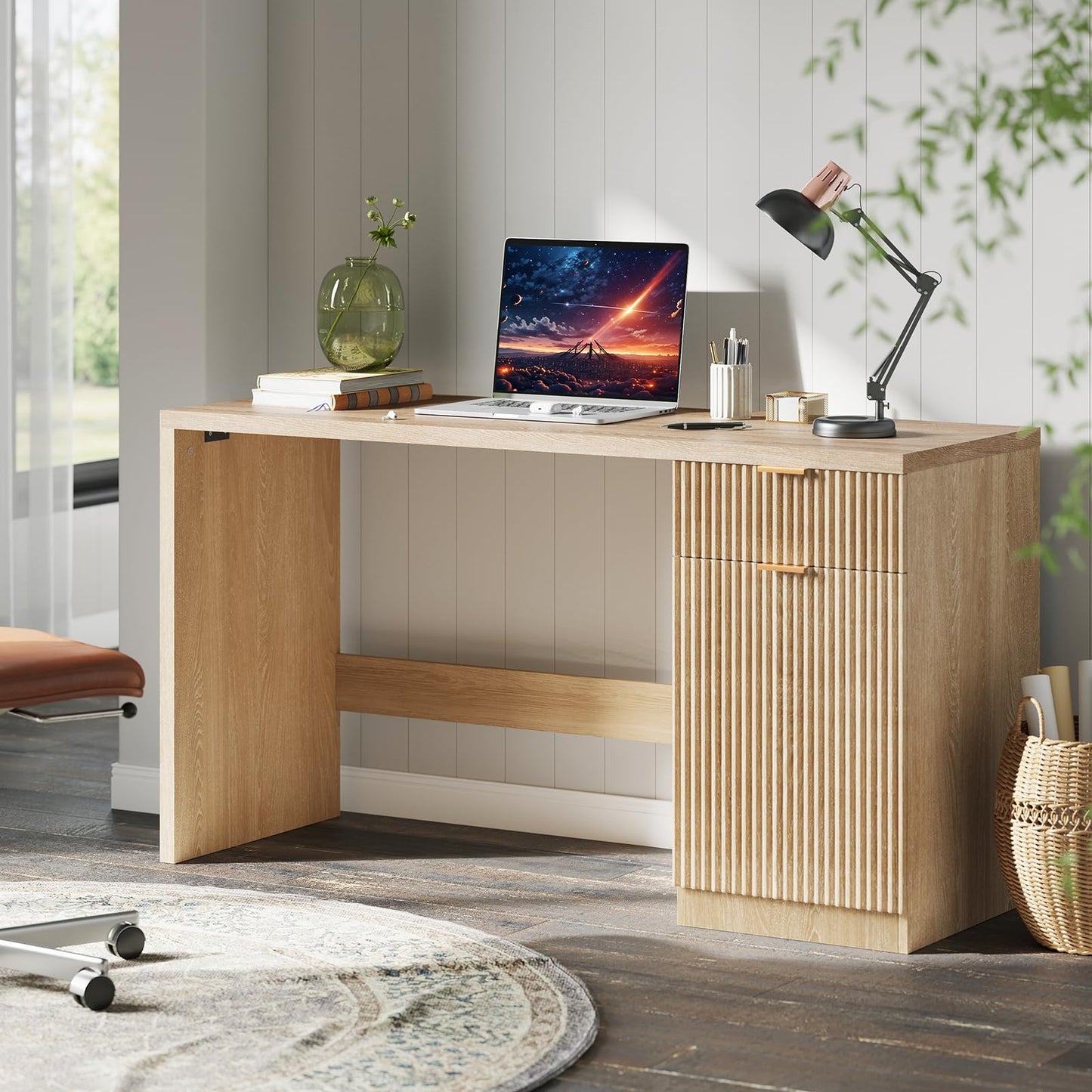 IDEALHOUSE Fluted Executive Desk with Drawers, 60" Modern Home Office Desk with Storage Cabinet, Wood Fluted Computer Desks Workstation for Working, Studying, Writing, Natural Oak