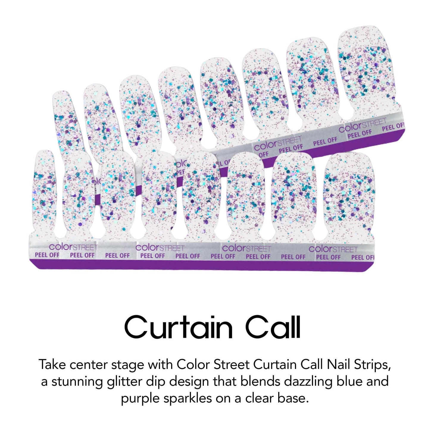 Color Street Curtain Call Nail Strips - Blue & Purple Glitter Dip on Clear Base -Wear Alone or Layer -Glitter Finish -16 Double-Ended Nail Polish Strips