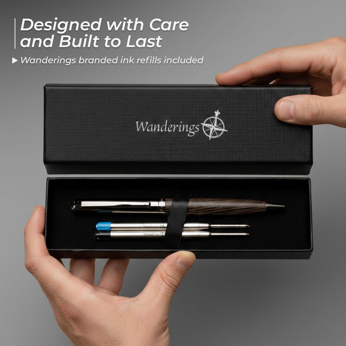 WANDERINGS Ballpoint Pen with German Ink – Beautifully Balanced for a Smooth Writing Experience - Light Brown and Real Wood Barrel - Includes 2 Refills in a Presentation Case