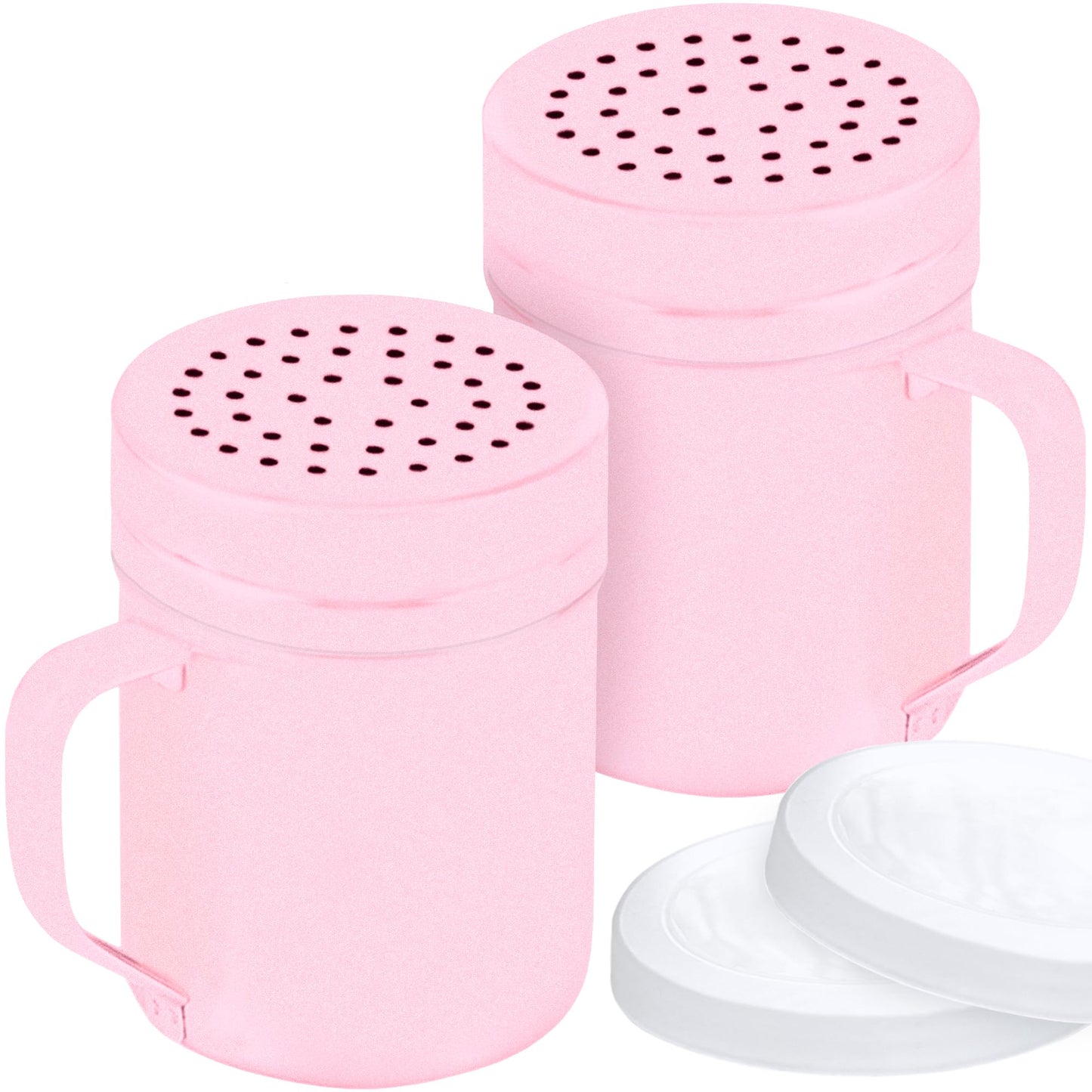 CUSINIUM 10oz Pink Stainless Steel Salt Pepper Dredge Shakers - With Plastic Cap - With Handle - Pack of 2
