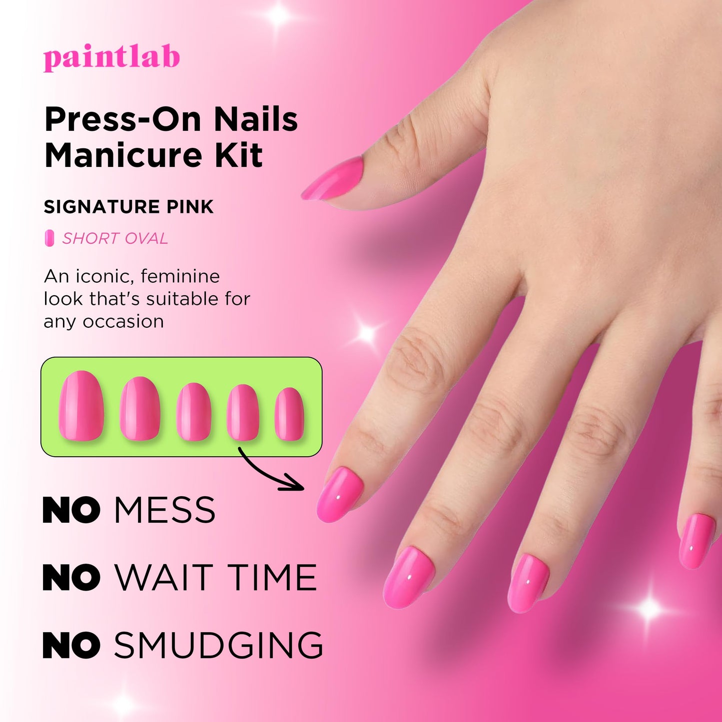 PaintLab Press-On Nails Manicure Kit, Signature Pink, 30-Piece Set, Long-Lasting Fake Nails with Glue, File, Prep Pad & Cuticle Stick