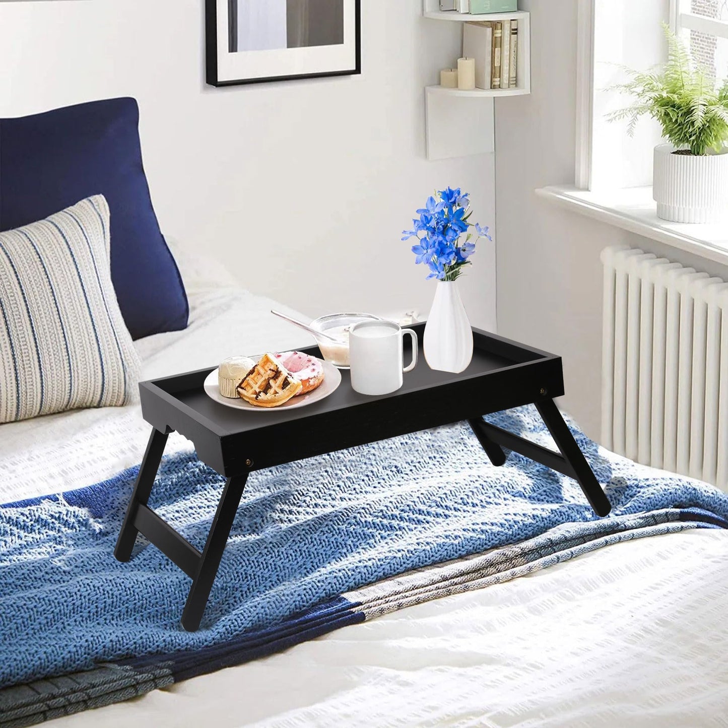 Asuthzon Bamboo Bed Tray Table with Foldable Legs, Breakfast in Bed Tray for Kitchen Serving Tray, Eating, Working, Drawing Tray (2 Pack, Black)