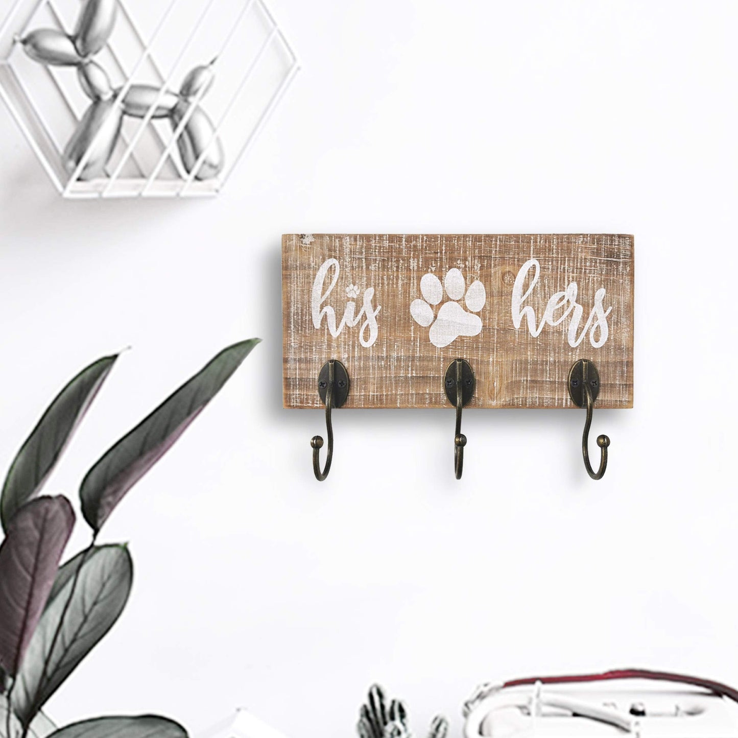 10 o'clock His Her Dog Hanger Unique Key Holder and Leash Hanger with 3 Hooks for Wall | Rustic Decor for Entryway | Cute Housewarming Gift for Dog Lovers 10"x5"