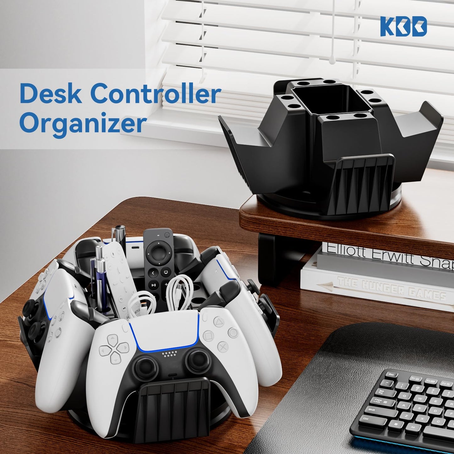 KDD Controller Organizer for Desktop - 360°Rotatable Controller Holder with Storage Box - Universal Stand for 4 Controllers, Desk Organizer for Switch Remote Control Pen Gamer Accessories