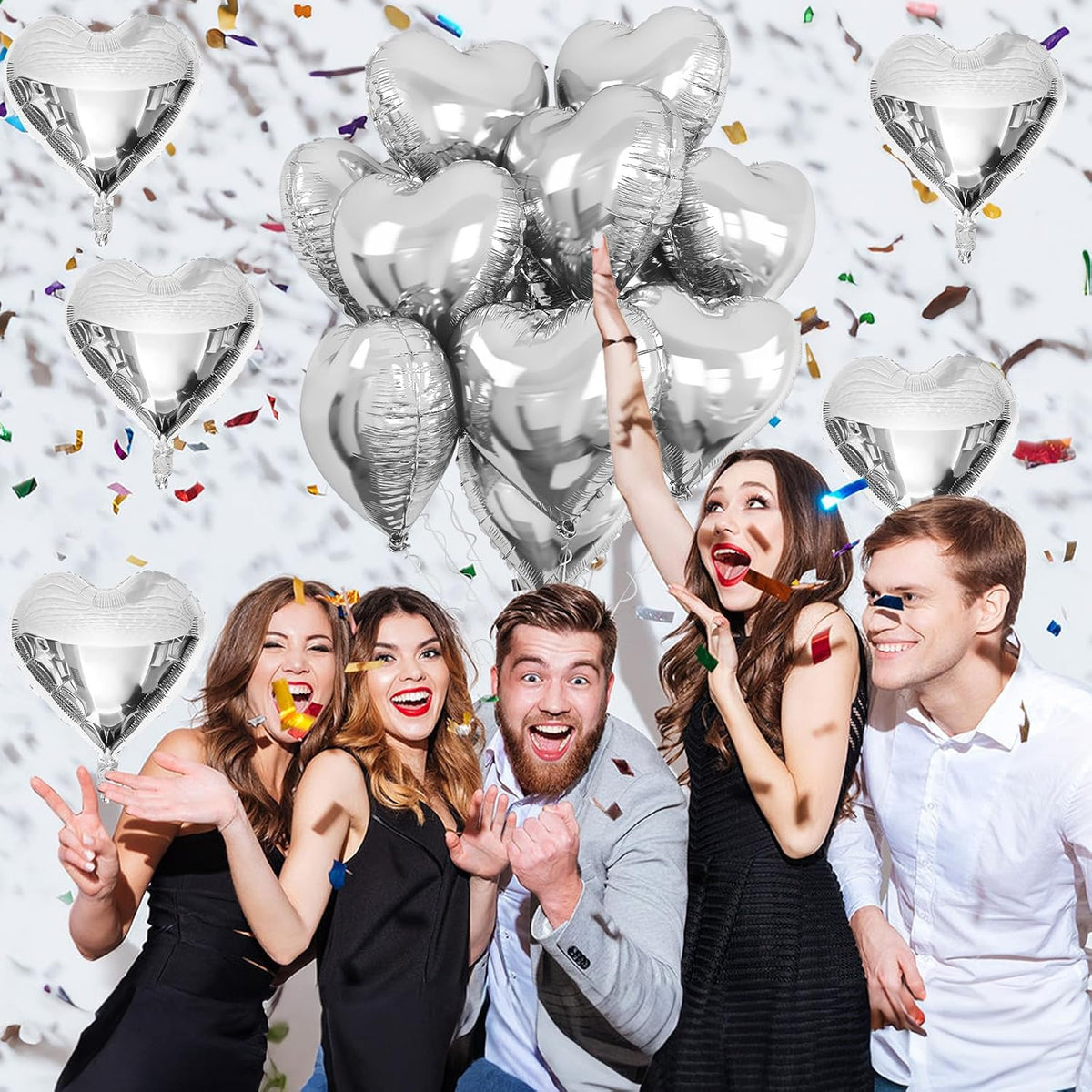 Silver Heart Foil Balloons, 10PCS 18Inch Mylar Balloons for Birthday, Valentine, Wedding, Baby, Graduation, New Year Party Decor