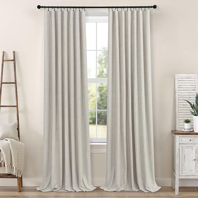 Black Out Linen Curtains 108 Inches Long for Living Room 2 Panels Set Total Blackout Flax Pleated Drapes Back Tab Neutral Boho Ceiling Floor 108 Inch Window Curtains Bedroom Cottage Core Stone Taupe