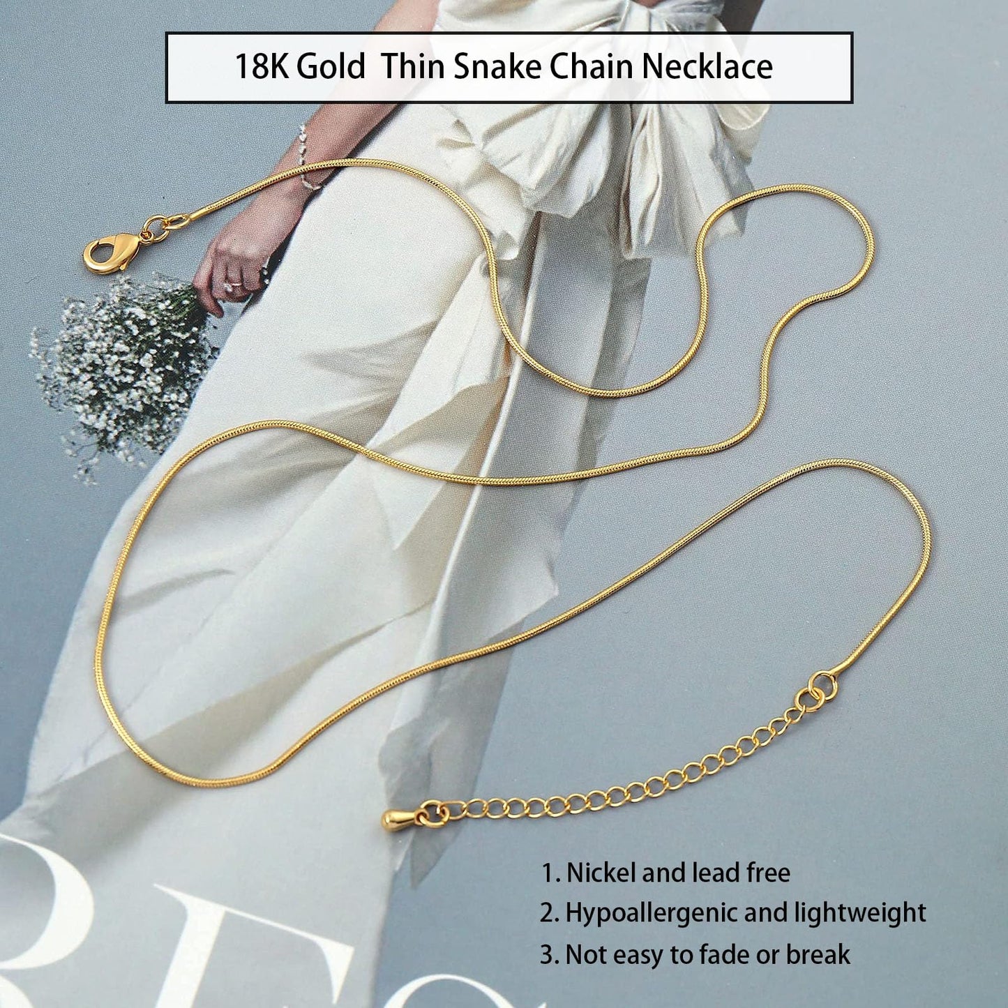 MAIKERDER Thin Gold Chain, 18K Gold Plated 1mm Thin Snake Chain Necklace for Women Dainty Round Minimalist Small Snake Chain Simple Necklaces Non Tarnish 18 Inches