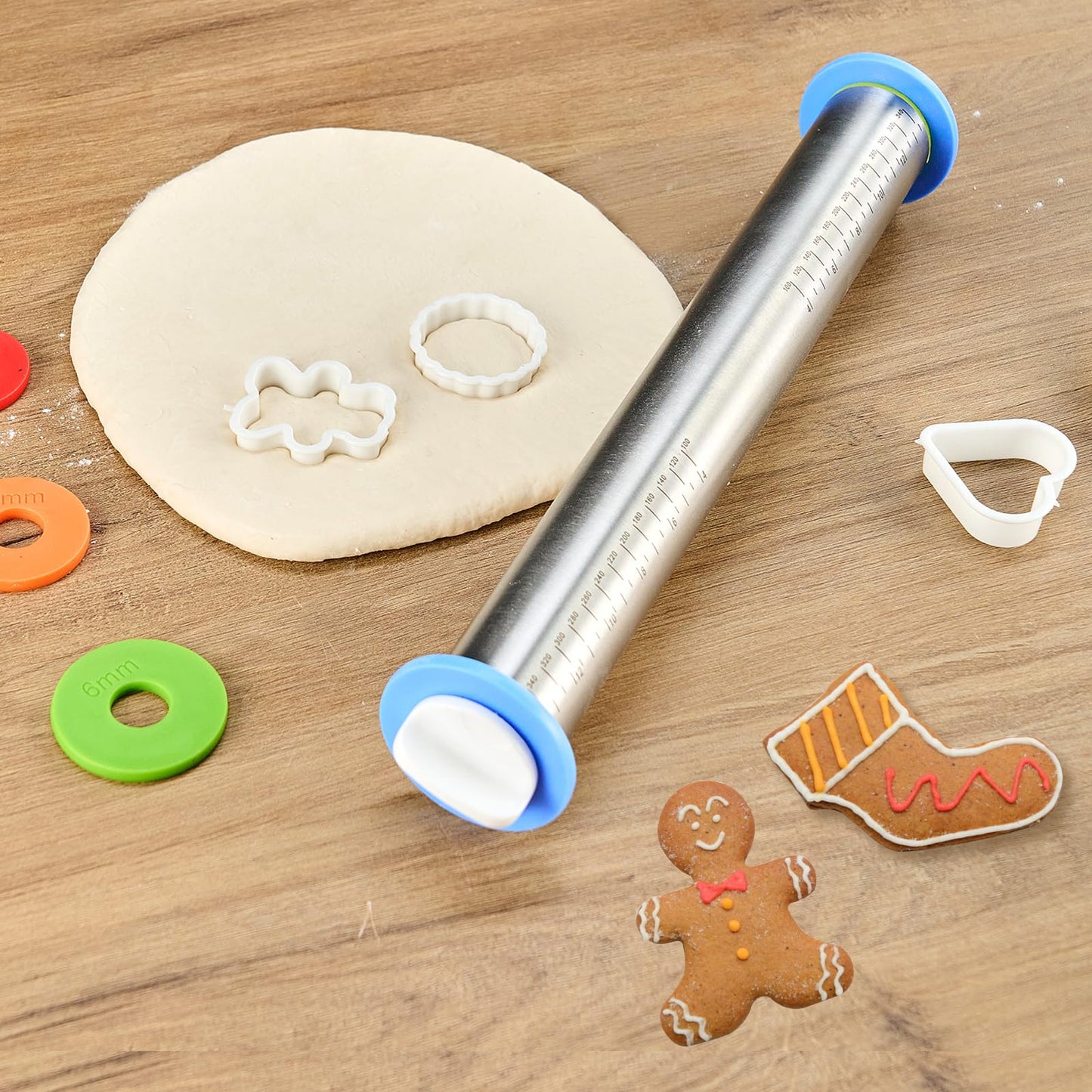 Adjustable Rolling Pin for Baking, with Thickness Rings Stainless Steel Dough Roller Pins for Pasta, Pizza, Pie Crust, Pastry and Cookie Making