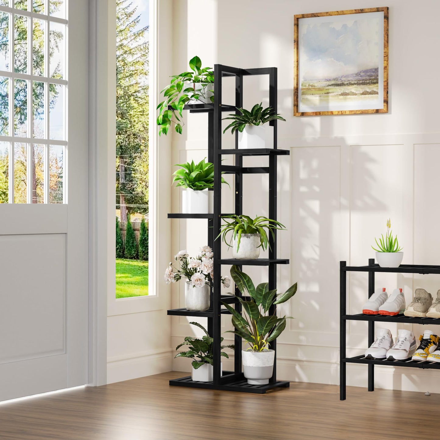 ROMGUAR CRAFT 6 Tier Bamboo Plant Stand Indoor, Wood Tall Flower Holder Corner Tiered Plant Shelf for Multiple Plants (Black)