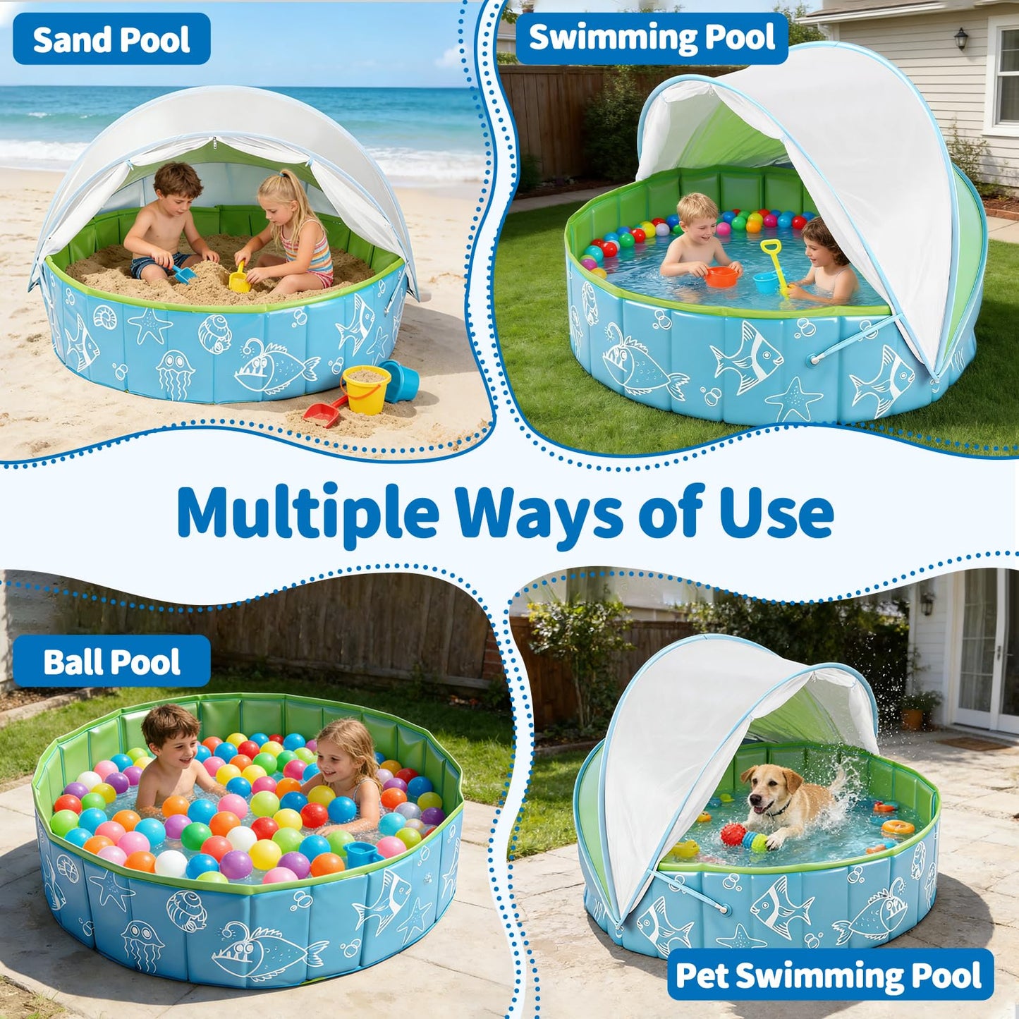 47"‌ Foldable Kiddie Pool with Canopy, Suitable for Toddlers and Babys Aged 1-5 Years, Designed for Use in Backyard, Beach, Park, Blue and Green(No Sprayer)