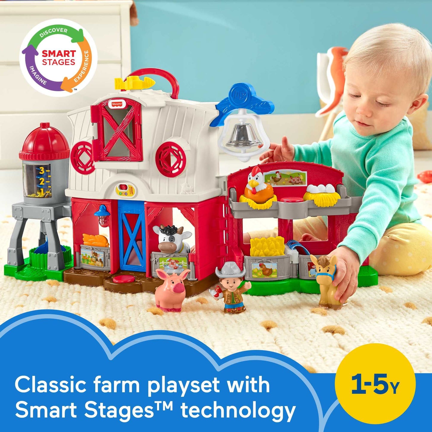 Fisher-Price Little People Caring for Animals Farm Electronic Interactive playset with Smart Stages Learning Songs for Toddlers Ages 1 and up (Amazon Exclusive)