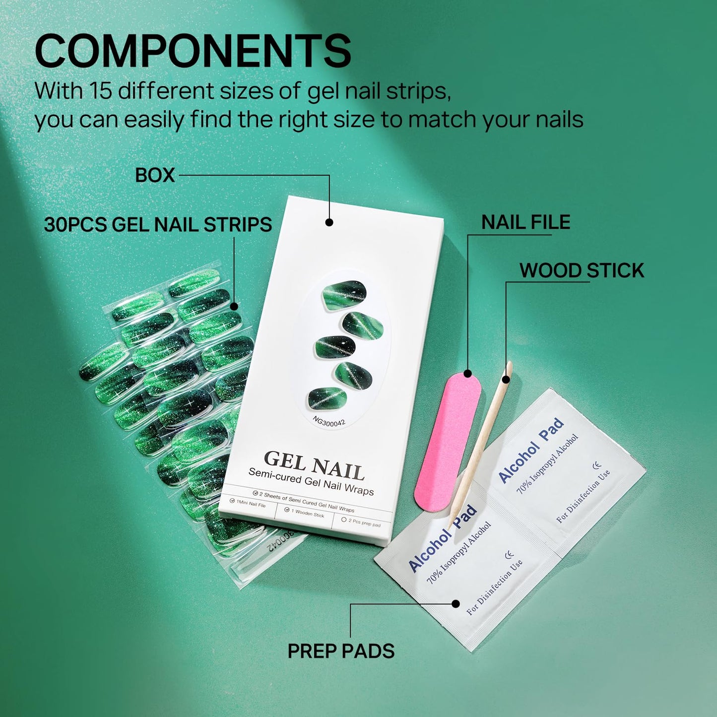 MIZHSE Semi Cured Gel Nail Strips, Green Cat Eye 30PCS Gel Nail Wraps, Stickers, UV Light Required, Salon Quality, Long Lasting Easy to Apply & Remove - Includes 2 Prep Pads, Nail File & Wooden Stick