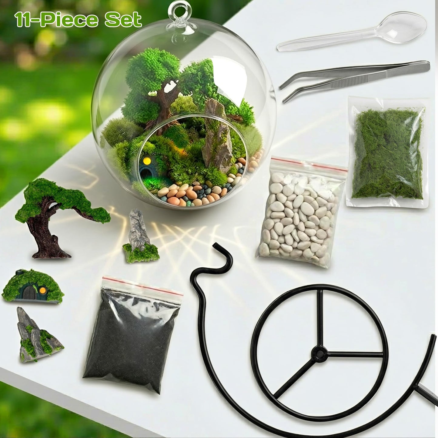 DIY Glass Globe Terrarium-Style Decor Kit, 11-Piece Mini Micro Landscape Ornament Set for Desk, Home & Office- Thoughtful Indoor Gift for Home & Office Decor