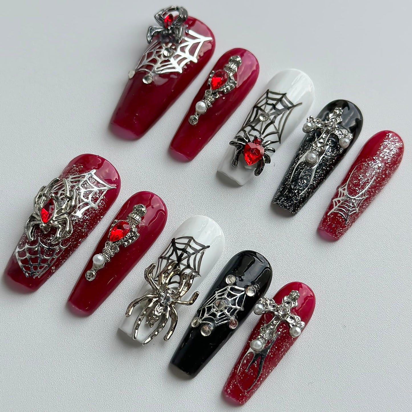 Luxury Halloween Press on Nails Medium Coffin Handmade 3D Unique Reusable ABS Material Fake Nails Gothic False Nails with Designs Spider Charms Spider Web Glossy Glue on Nail Thick Acrylic Nail(M)