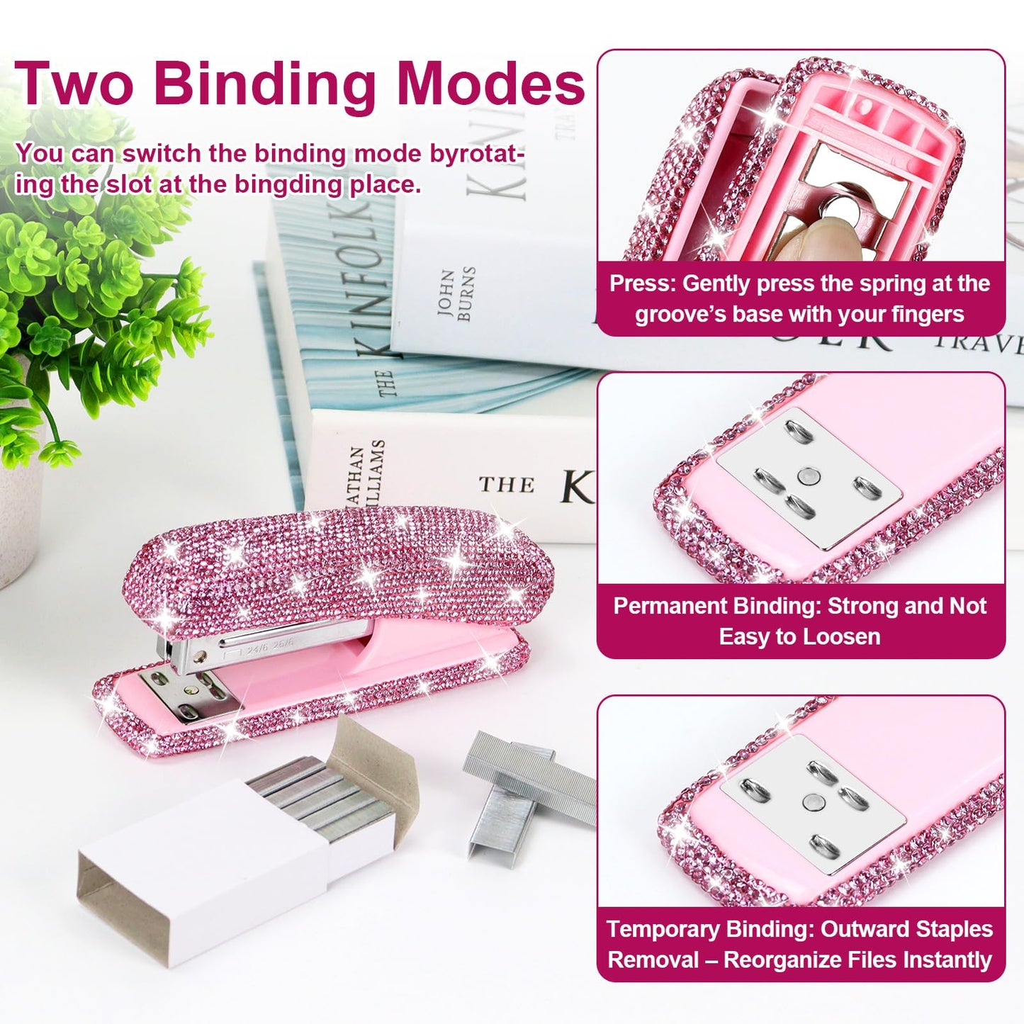 MultiBey 7 Pcs Pink Bling Rhinestone Desk Accessories Set, Crystal Office Stationery Kit with Stapler, Tape Dispenser, Scissors, Drawer Organizer - Glamorous Gift for Home School Office Supplies