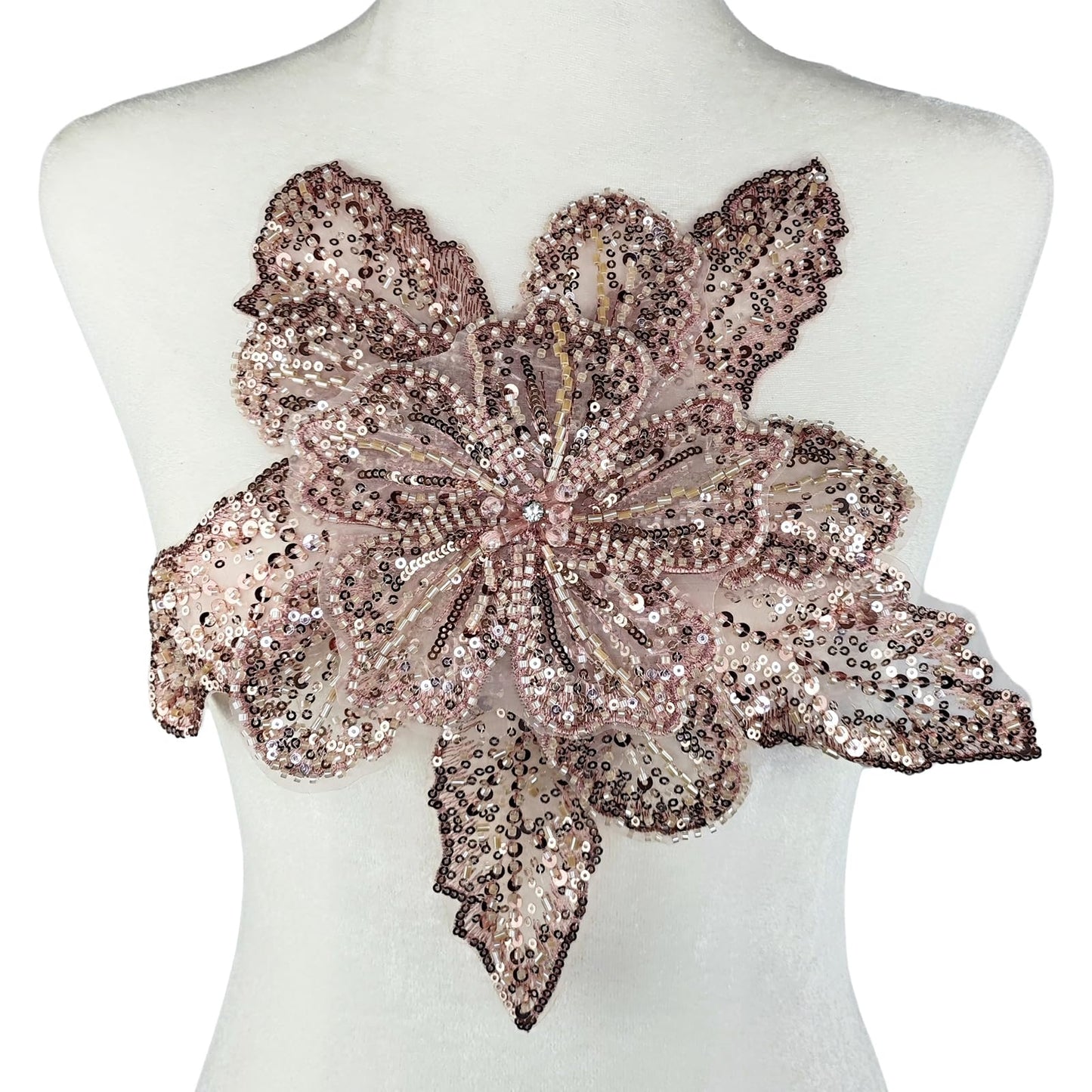 Carytalee 1 PC 3D Lace Sequin Beaded Flower Sew on Embroidered Lace Applique Trim DIY Sewing Patch Wedding Dress Applique Decoration, Champagne Pink, 11.8 x 11 Inch