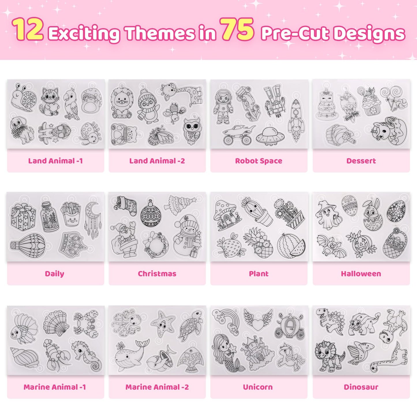 201pcs Shrink Paper Keychain Kit, 24 Blank & 12 Pre-Cut Sheets (75 Patterns) Crafts Kits for Kids Adults, Shrinking Art Activity Set with Hole Punch & Keychain Jewelry Accessories for DIY Crafts