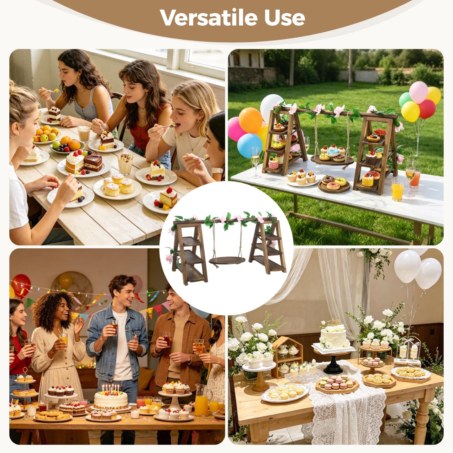 ZALIR Wooden Dessert Table Display Set with Swing and Flower Vine, Multi-Tiered A-Frame Foldable Food Cupcake Display Stand, 32 x 7.9 x 15.7 x 13.8 in for Parties, Weddings, Buffets, Easy Assembly