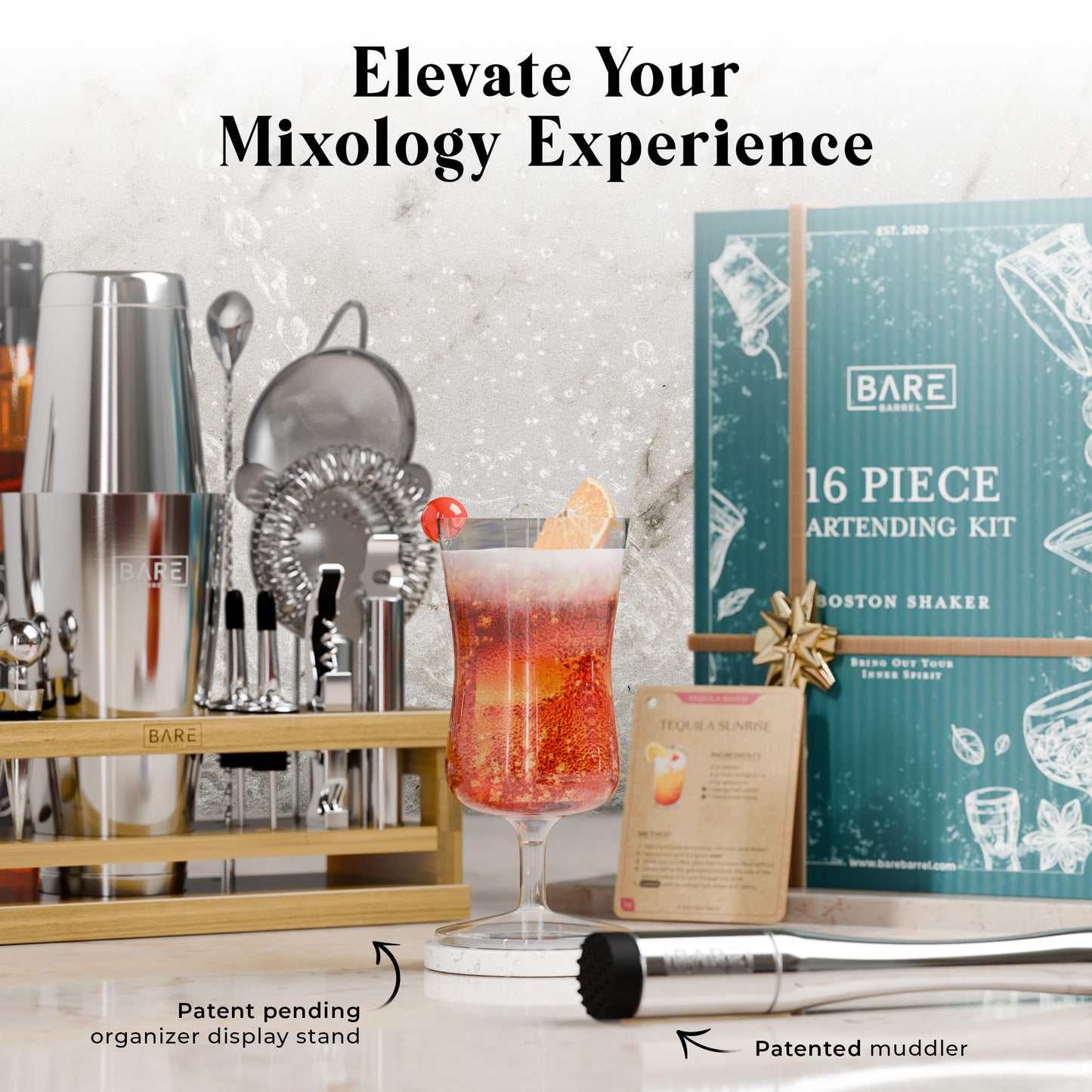 BARE BARREL® Mixology Bartender Kit Bar Set | 16-Piece Cocktail Shaker Set | Martini Barware Mixing Tools for Home Bartending | Incl. 35 Recipe Cards | Gift Set (28oz Boston Shaker, Silver/Natural)