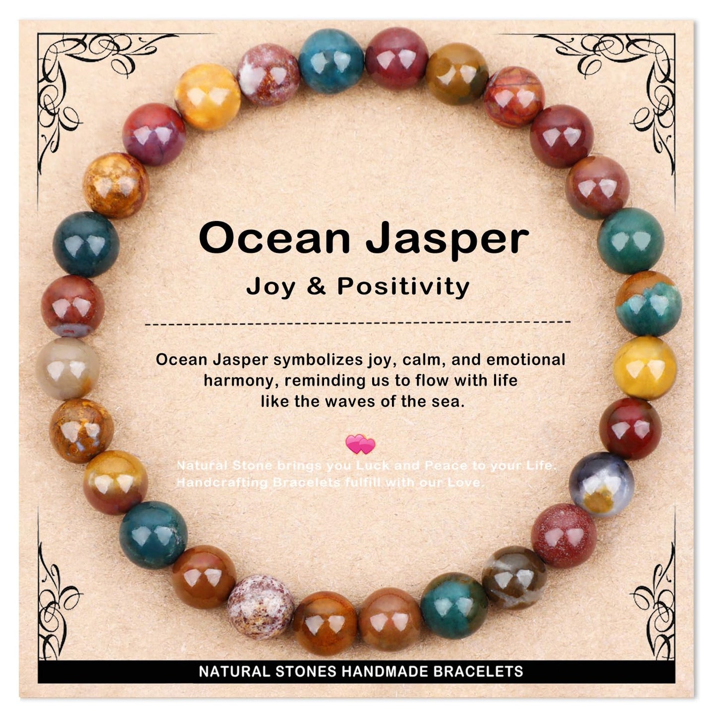 AD Beads 6mm Handmade Ocean Jasper Elastic Bracelet – Natural Gemstone for Joy & Positivity – Meditation, Yoga, Healing and Energy Gift for Men Women