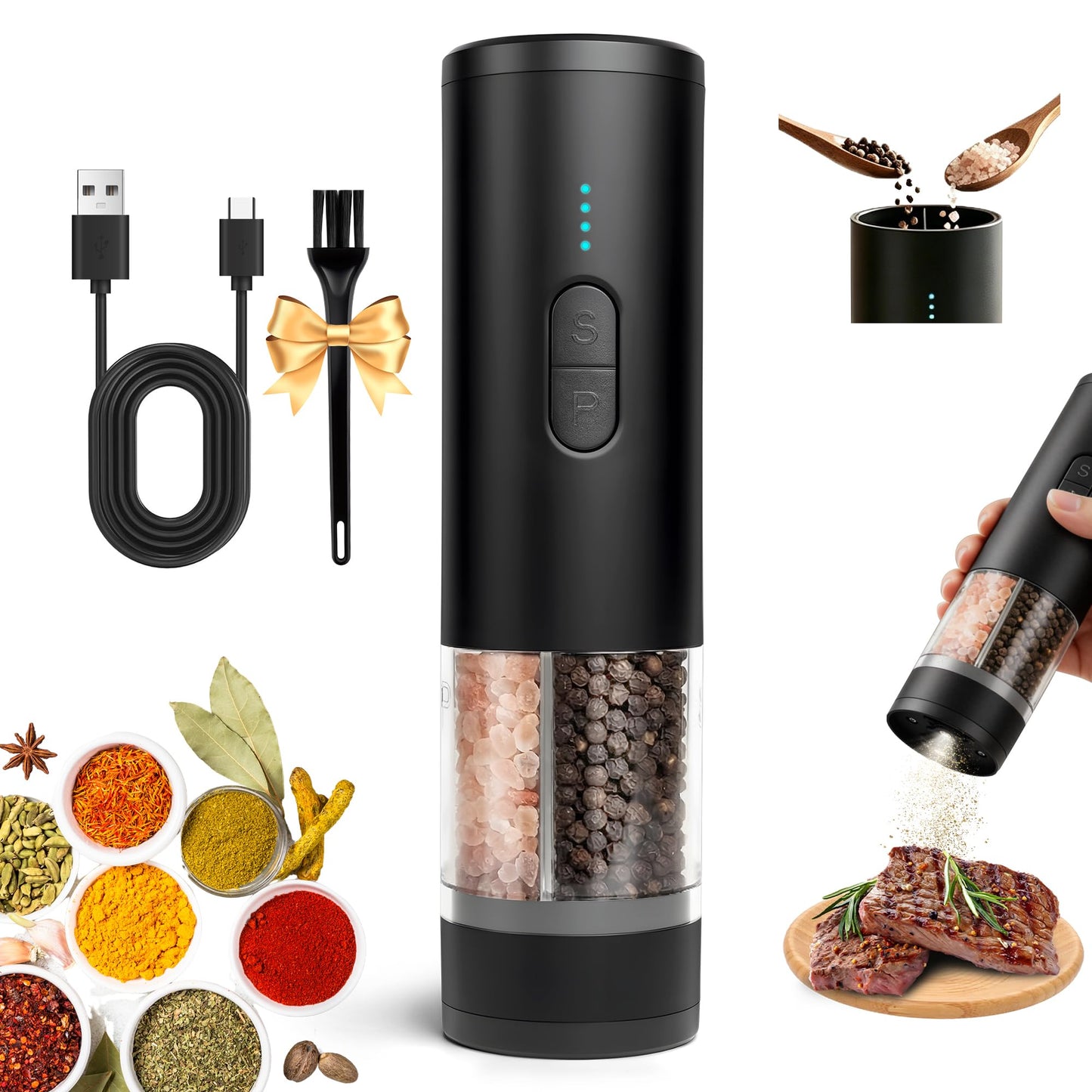 Pumixlor Electric Salt and Pepper Grinder, 2 In 1 Adjustable Coarseness Automatic Pepper Mill Grinder with LED Light, Battery Display, USB Rechargeable Salt Mill Shakers with Dust Cover for Kitchen