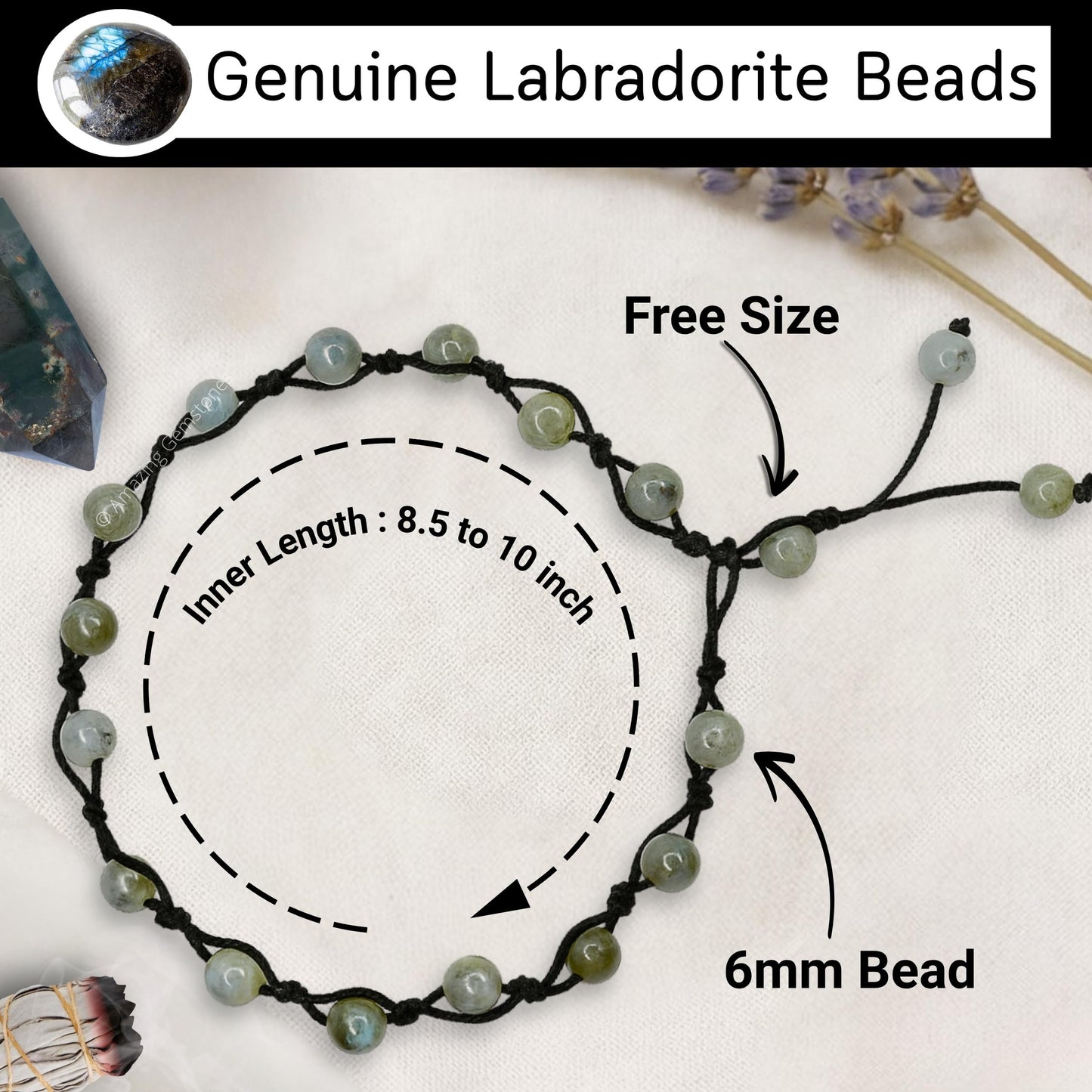 Amazing Gemstone Labradorite Anklet Ankle Bracelets for Women - Waterproof Beaded Healing Crystal Anklets, Plus Size Chakra Gemstone Bead Anklet (Stretchy Adjustable - Hand Knotted)