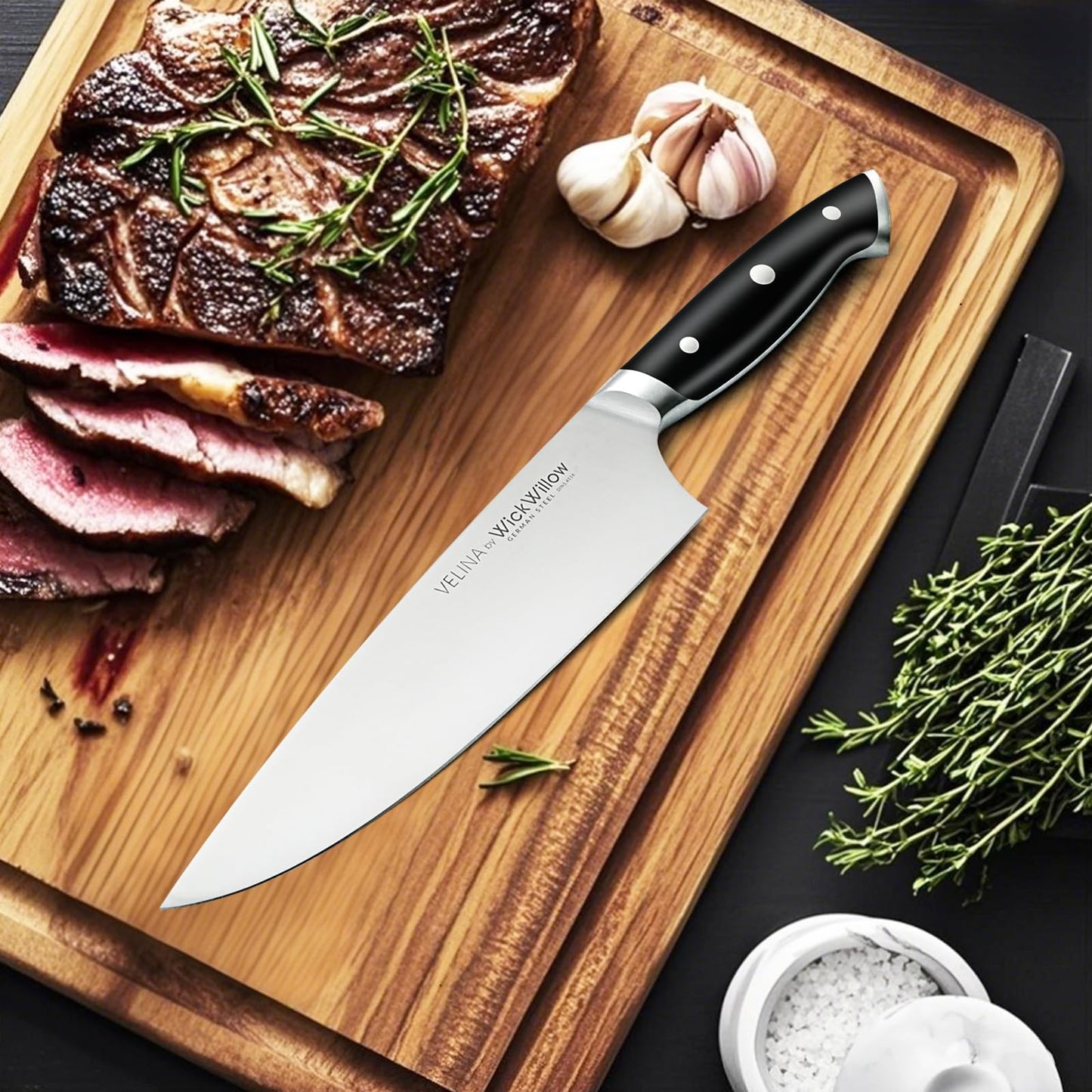 WICKWILLOW 8" Chef Knife – Razor Sharp German Steel – All-Purpose Kitchen Knife for Slicing, Dicing & Chopping – Full Tang & Ergonomic Handle – Gift Box – Velina Series