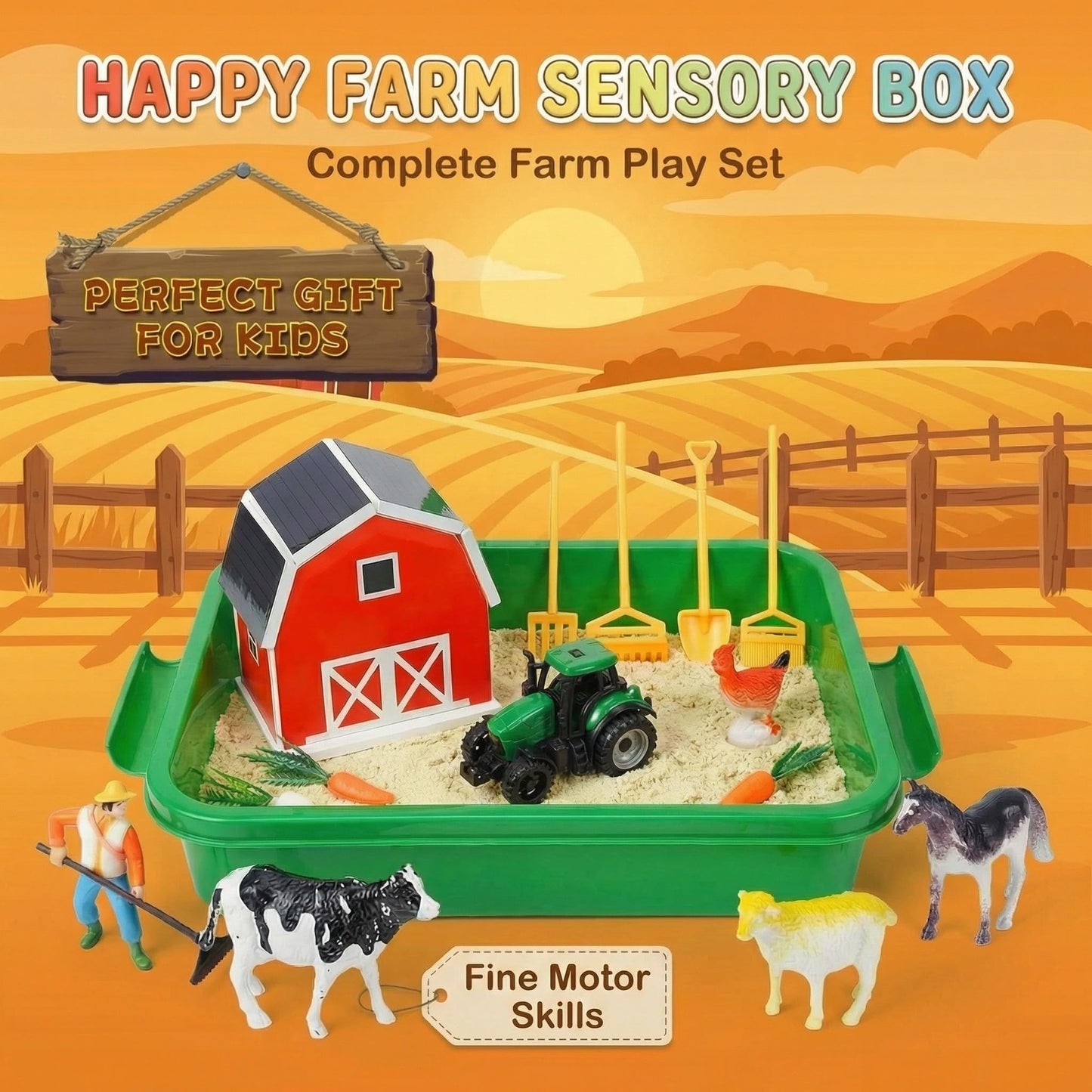 Carolart Farm Sensory Bin，Farm Animals Sand Kit with Sensory Sand，Barn Sandbox with Tractor，Sensory Play Sand Set for Kids 3 4 5 6 7
