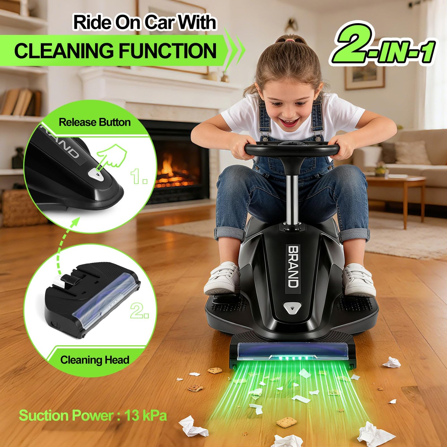 JOYLDIAS Kids Ride On Car with Vacuuming Function, 12V7AH Go Kart W/Detachable Cleaning Head Dust Box, 2 Speed 3-5km/h, Bluetooth Music, Electric Ride On Toy Car for Kids Toddlers Ages 3+,Black