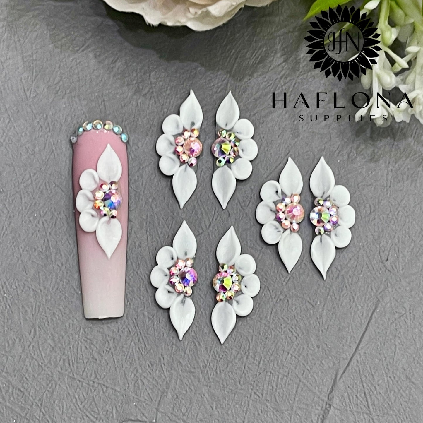 Set 6Pcs 3D Flowers Nails Charms with Rhinestone Gems Glow in Dark Handmade by Acrylic Powder Design for Long Nail L,XL,XXL Nail Art Floral Salon Decor Women (White 7 Rhinestones Glow in Dark-6PCs)