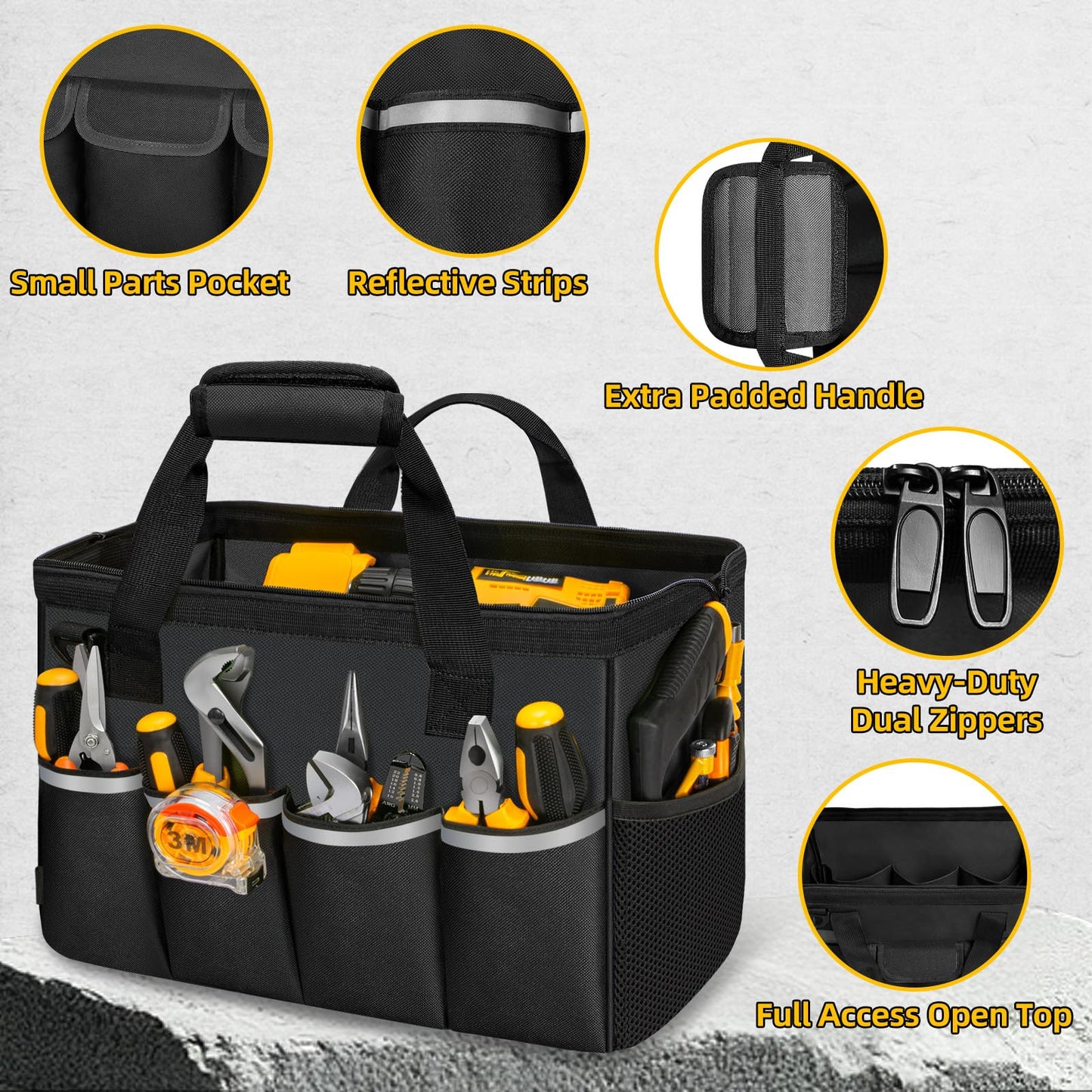 NECKORY Tool Bag, Portable Tool Box Organizer Adjustable Shoulder Strap, Carry Tool Tote Heavy Duty Tool Storage Bag With Wide Mouth,Tool Bags for Men Mechanic EngineerGift - M, Black
