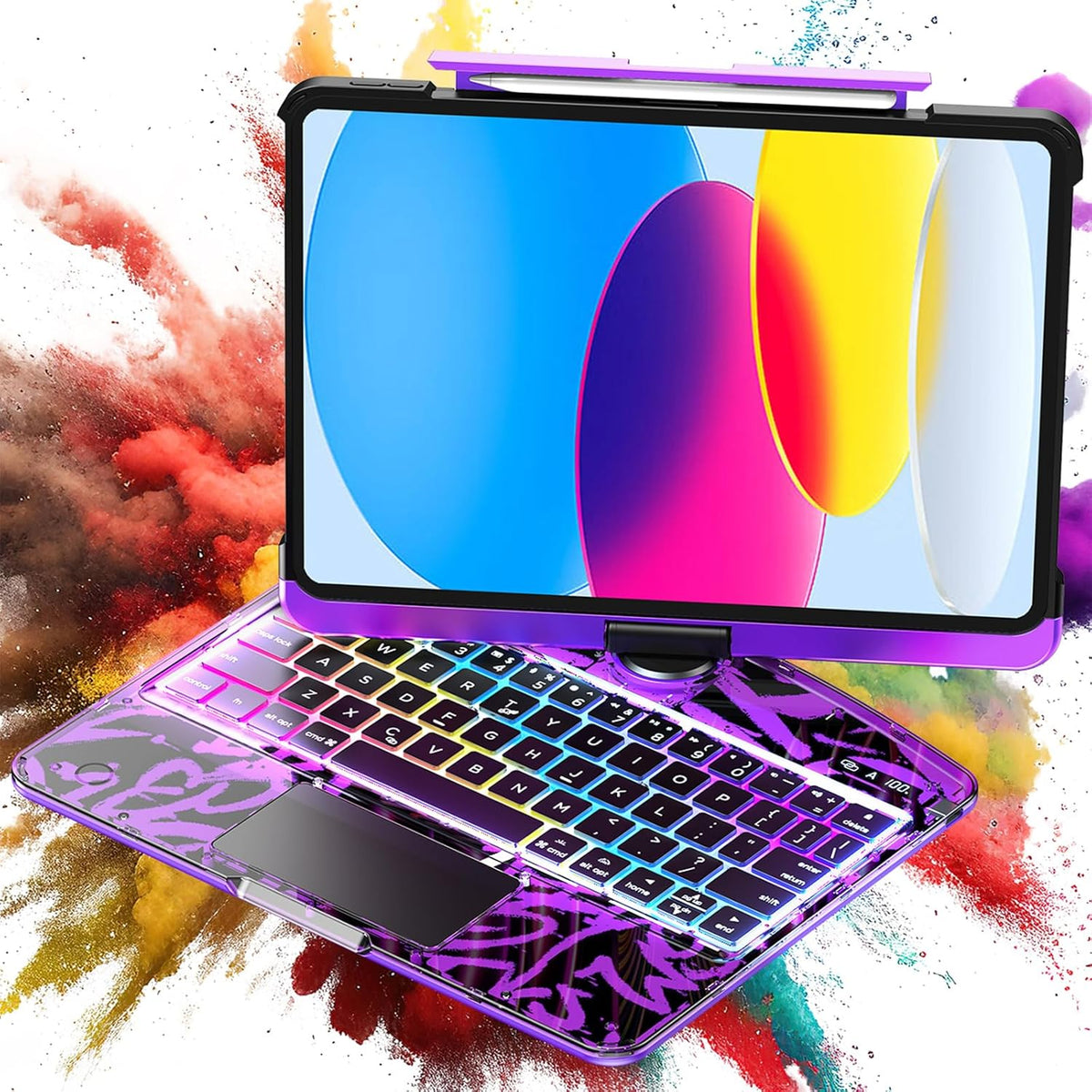 TSQQST Clear Wireless Keyboard Case for iPad (A16) 11th Generation 11-inch 2025/ iPad 10th Generation 10.9-inch with Pencil Holder & Multi-Touch Trackpad, 7-Color Backlight, 360 Rotatable, Purple