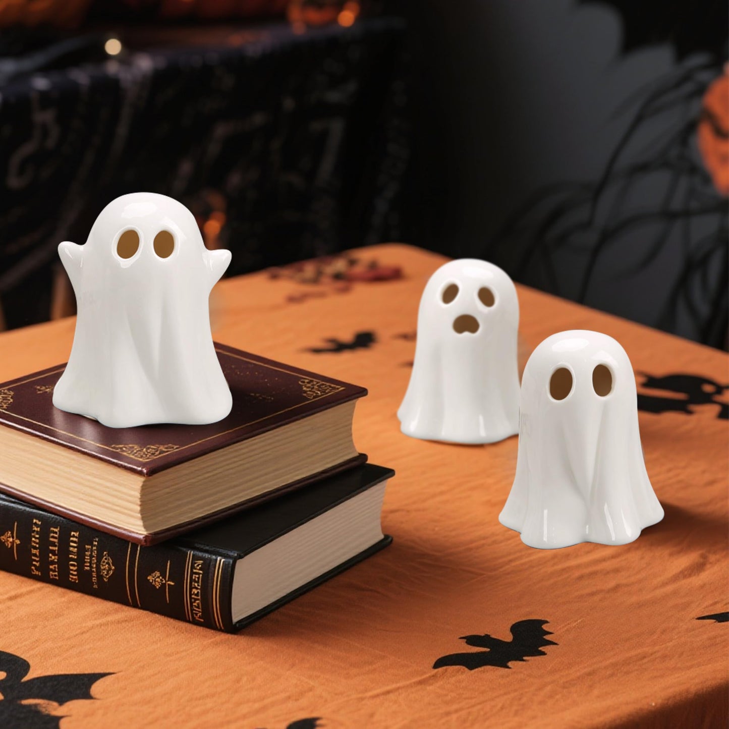 CUTEHO Cute Ghost Light Up Halloween Decor, LED White Ceramic Spooky Lanterns Decorative Light Halloween Party Decoration for Tiered Tray Shelf Table Centerpieces Desk Bedroom Room（3 Pack）