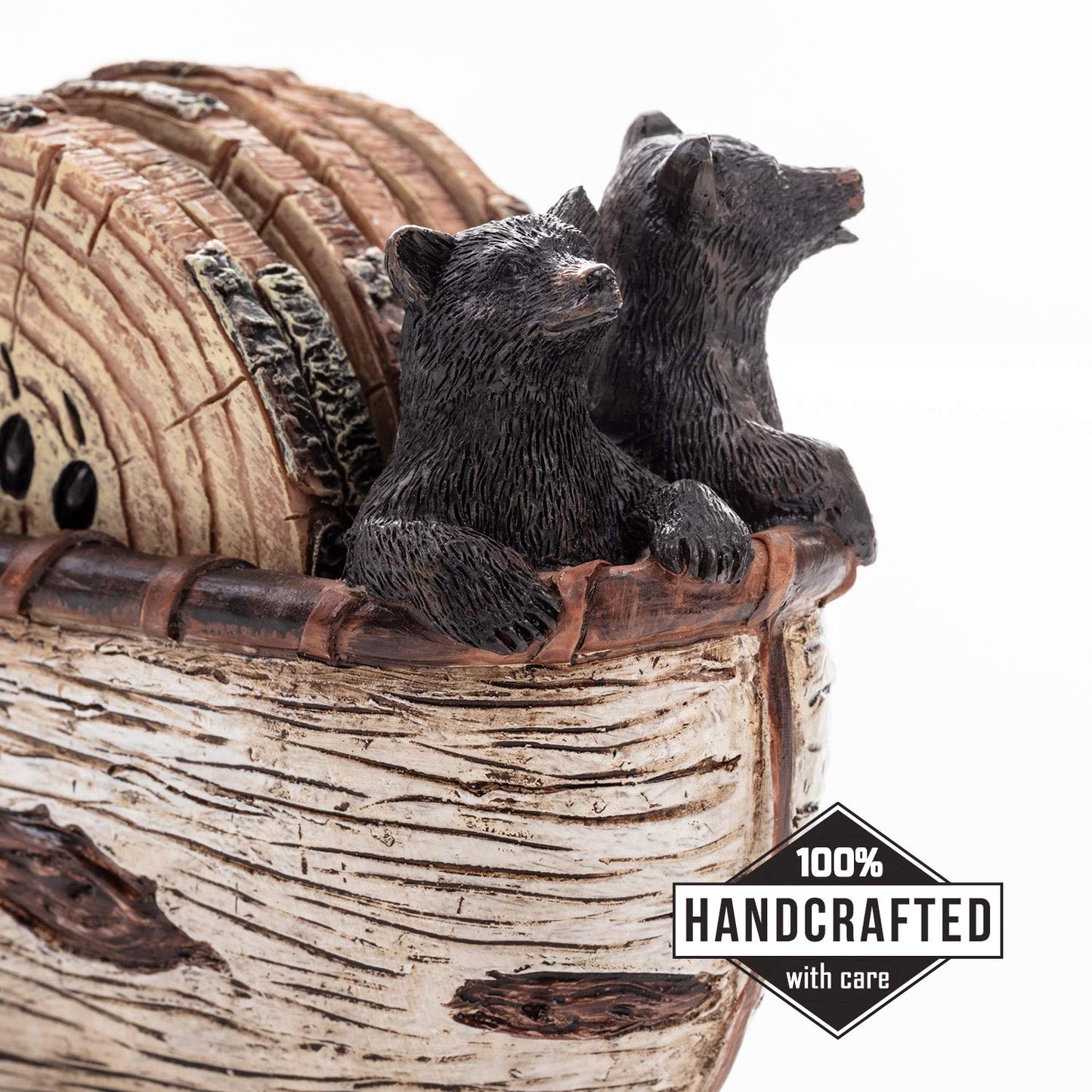 Cabin Obsession Bear Coasters - Set of 6 Full Size Rustic Coasters in Handmade Canoe with Adorable Black Bear Figurines - Log Cabin Decorations, Rustic Lodge Decor for The Home
