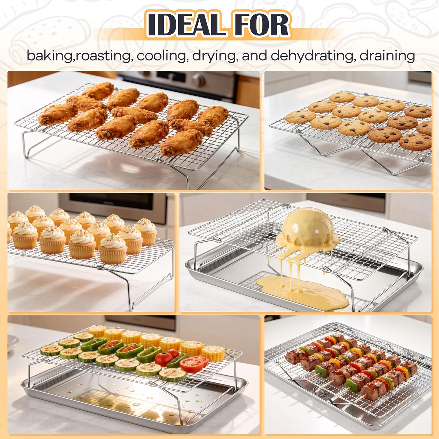 P&P CHEF Cooling & Baking Rack, 4-Tier Stainless Steel Stackable Grid Cooking Racks for Cooling Roasting Grilling, Collapsible & Heavy Duty, Oven & Dishwasher Safe, 15" x 10"
