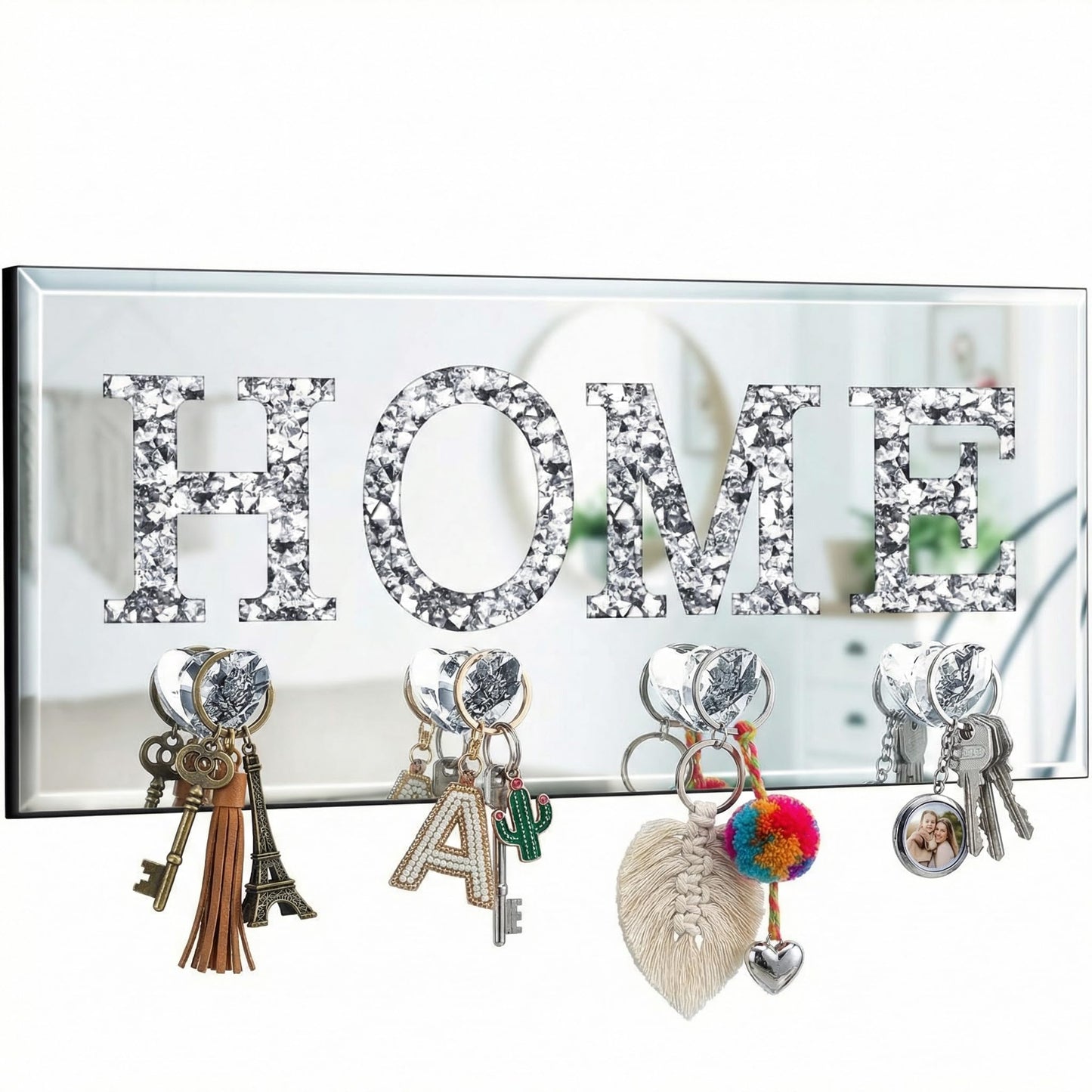 Yalikop Keys Holder on Wall Crush Diamond Mirrored Home Letter Plaque Sign Wall Mounted Clear Heart Shape Hooks Key Hanger Christmas Gift Door Bookshelf Decorative