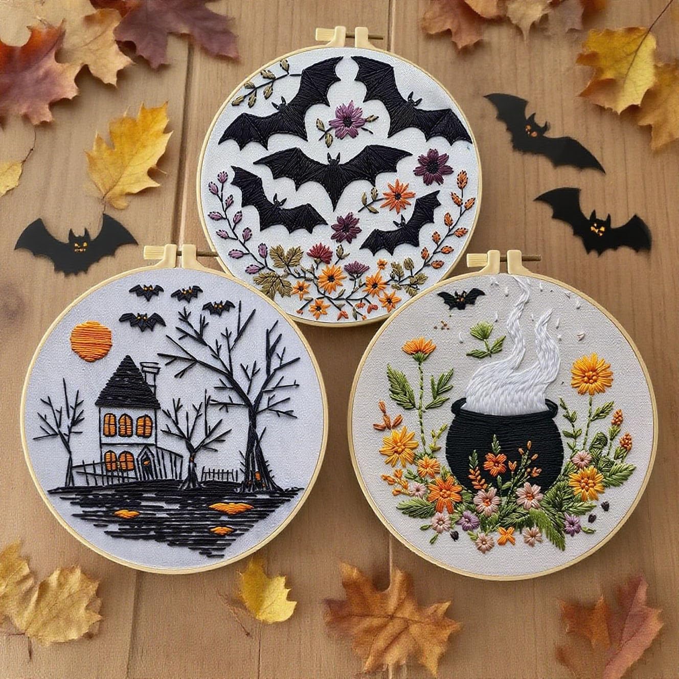 4 Set Halloween Embroidery Kit, Halloween Crafts for Adults, DIY Cross Stitch Craft Kit, with Needles and Thread Included (# A)