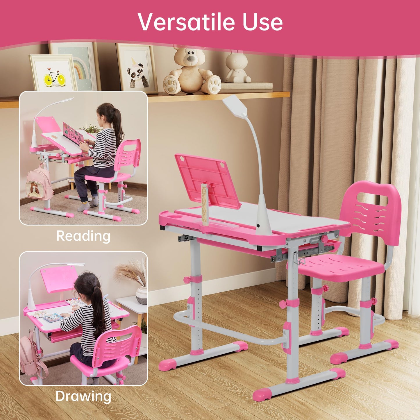 SMAGREHO Kids Desk and Chair Set, Height Adjustable Child's School Study Writing Tables with Tilt Desktop, LED Light, Storage Drawer, Book Stand (Pink)
