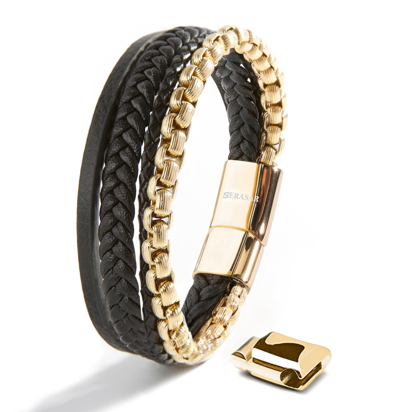 SERASAR Men's Gold Bracelet 17cm Leather Or Gift Box Braided Cowhide Adjustable Magnetic Clasp Multi Layer Wrap Jewelry Rope Male Men Magnet
