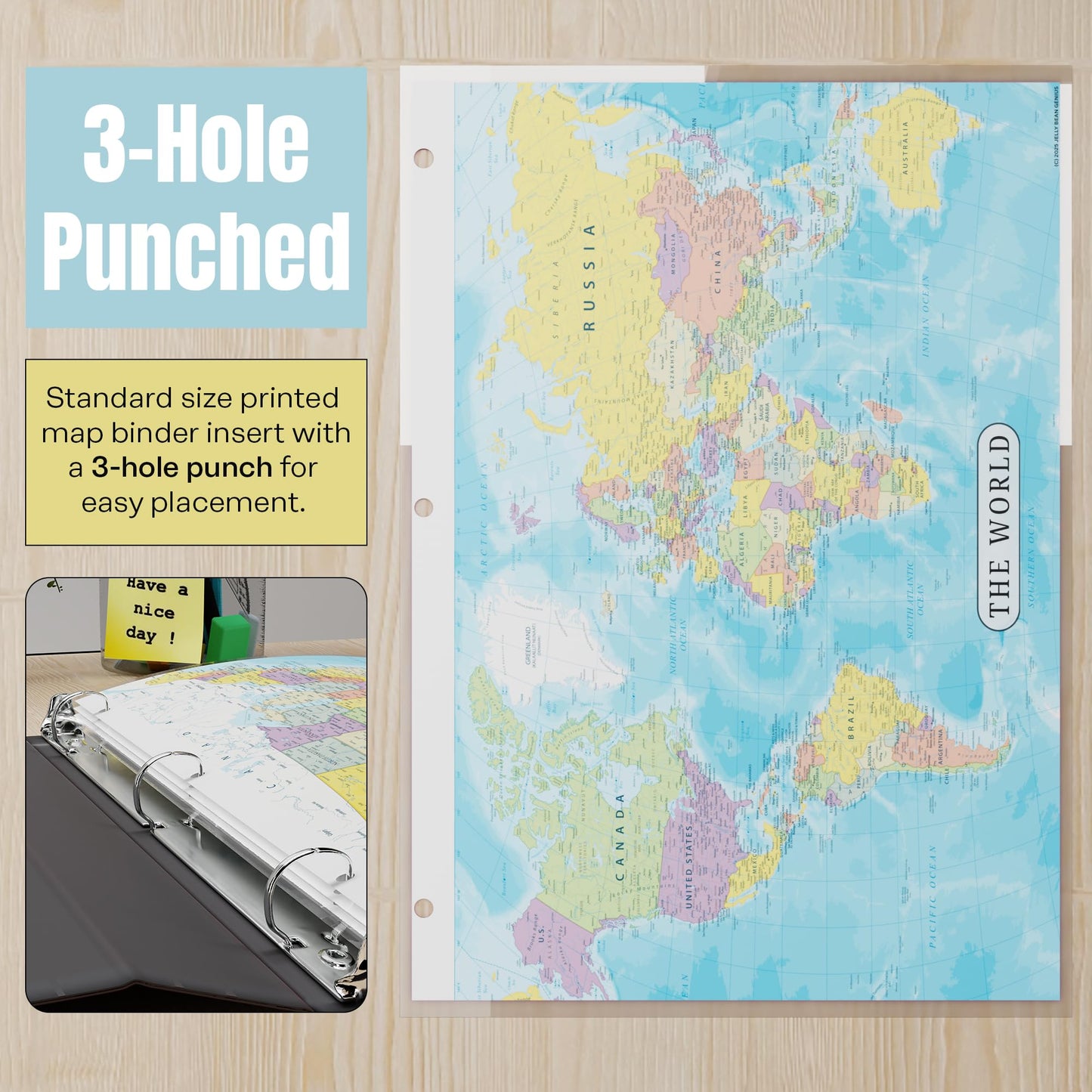World Map & World Leaders Reference Page – Laminated, Double-Sided 3-Ring Binder Insert – Durable Gloss Global Geography & Leadership Chart for Study (2 Pack)