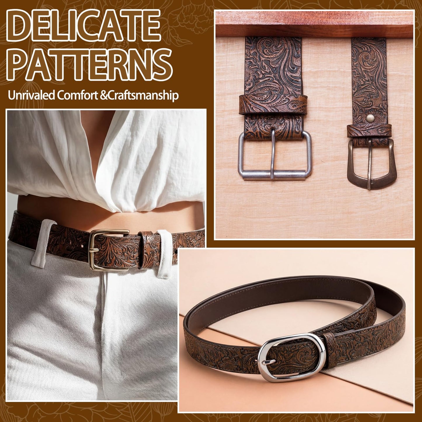72 Inches Embossed Faux Leather Straps for Crafts 2 Inch Wide Vintage Brown Western Style Bump Texture Flat Full Grain Leather Strips for DIY Crafts Projects Bags, Belt, Garden Tools