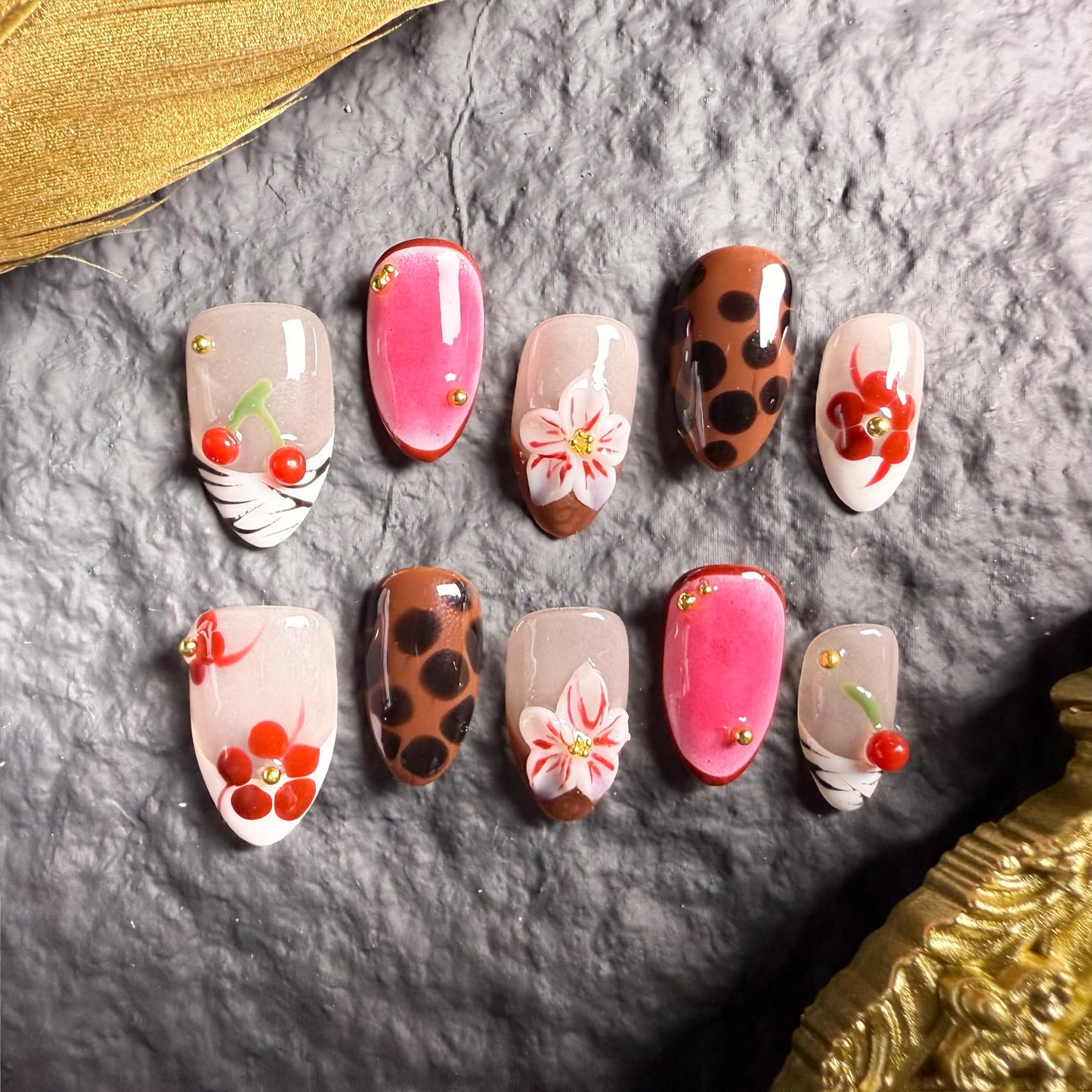 Handmade Press On Nails Almond Short Cherry Red Floral Leopard Handmade Nails 3d Floral Reusable Wedding Prom And Festival Gift Handmade Acrylic Press On Nails (Medium)