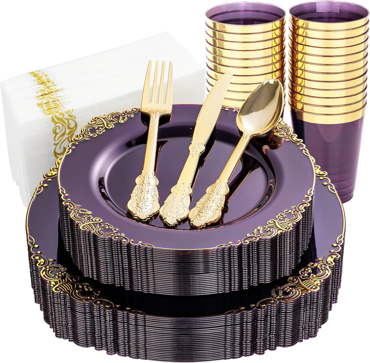 Nervure 175PCS Clear Purple Plastic Plates - Purple Party Plates Set for 25 Guests Include 25Dinner Plate, 25Dessert Plate, 25Cups, 75 Cutlery, 25Napkins Perfect for Wedding & Party & New Year