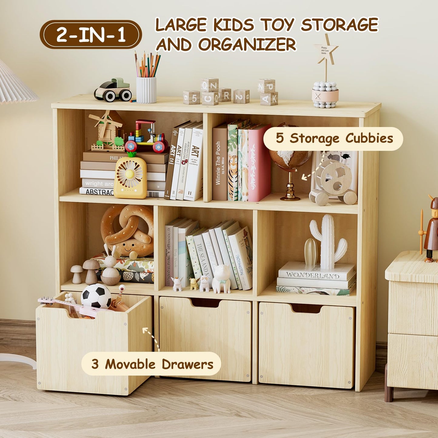 EXPERLAM Toy Storage Organizer, Toy Organizer with 3 Movable Drawers and 5 Storage Cubes, Toy Storage Chest with Hidden Wheels, Kids Bookshelf for Playroom, Burlywood