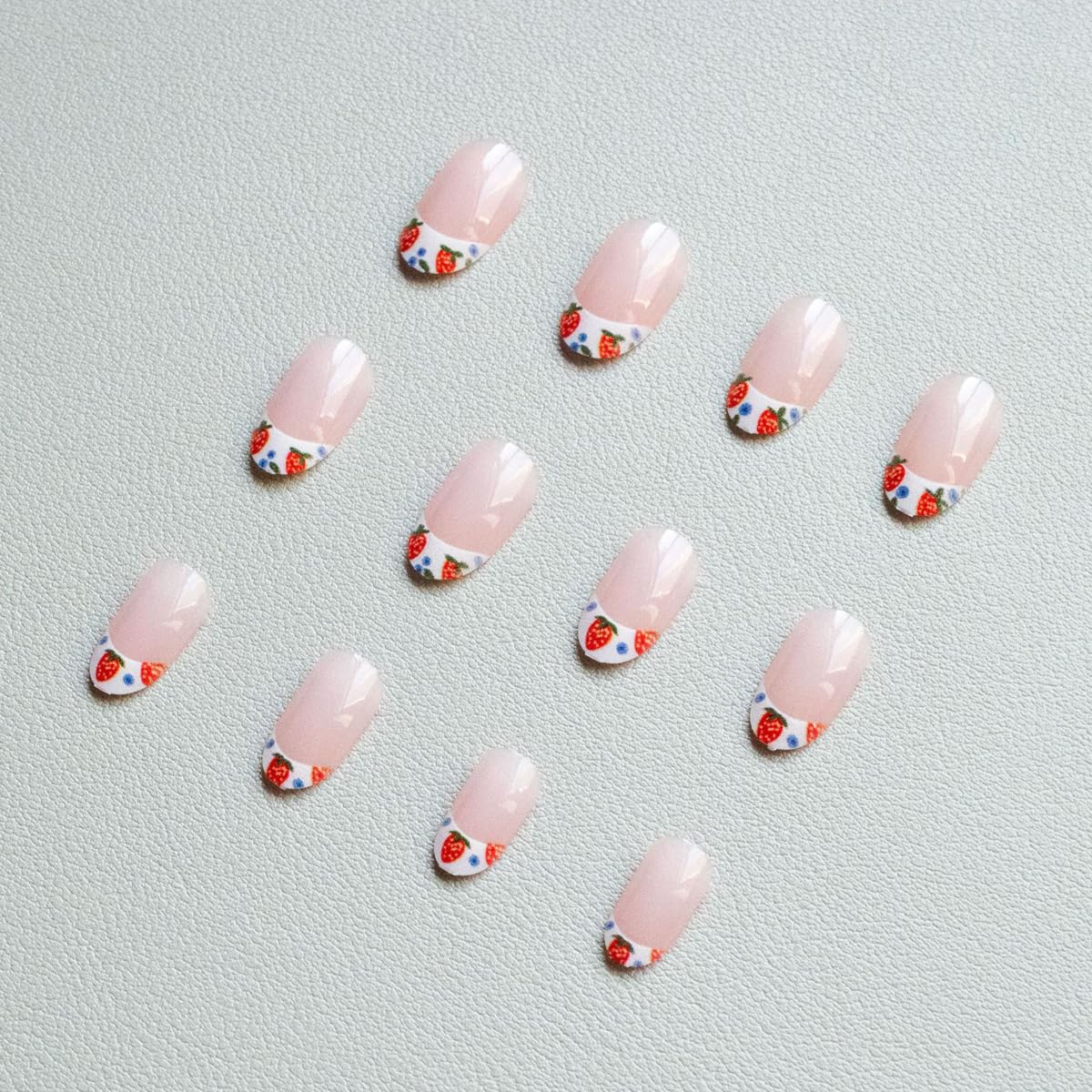 French Tip Press on Nails Medium Oval Fake Nails Spring Nails Press ons with Cute Strawberry | Blueberry Design,Reusable Artificial Nail Full Cover Stick on Nails for Women Manicure 24Pcs