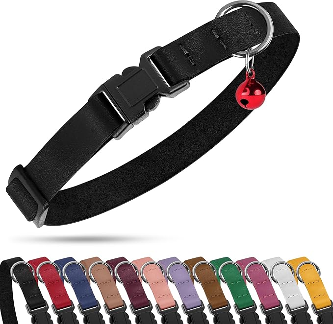 Breakaway Cat Collar with Bell - Leather Adjustable Kitten Collars with Safety Quick Release Buckle - Soft Small Pet Collars for Girl & Boy Cats (Green)