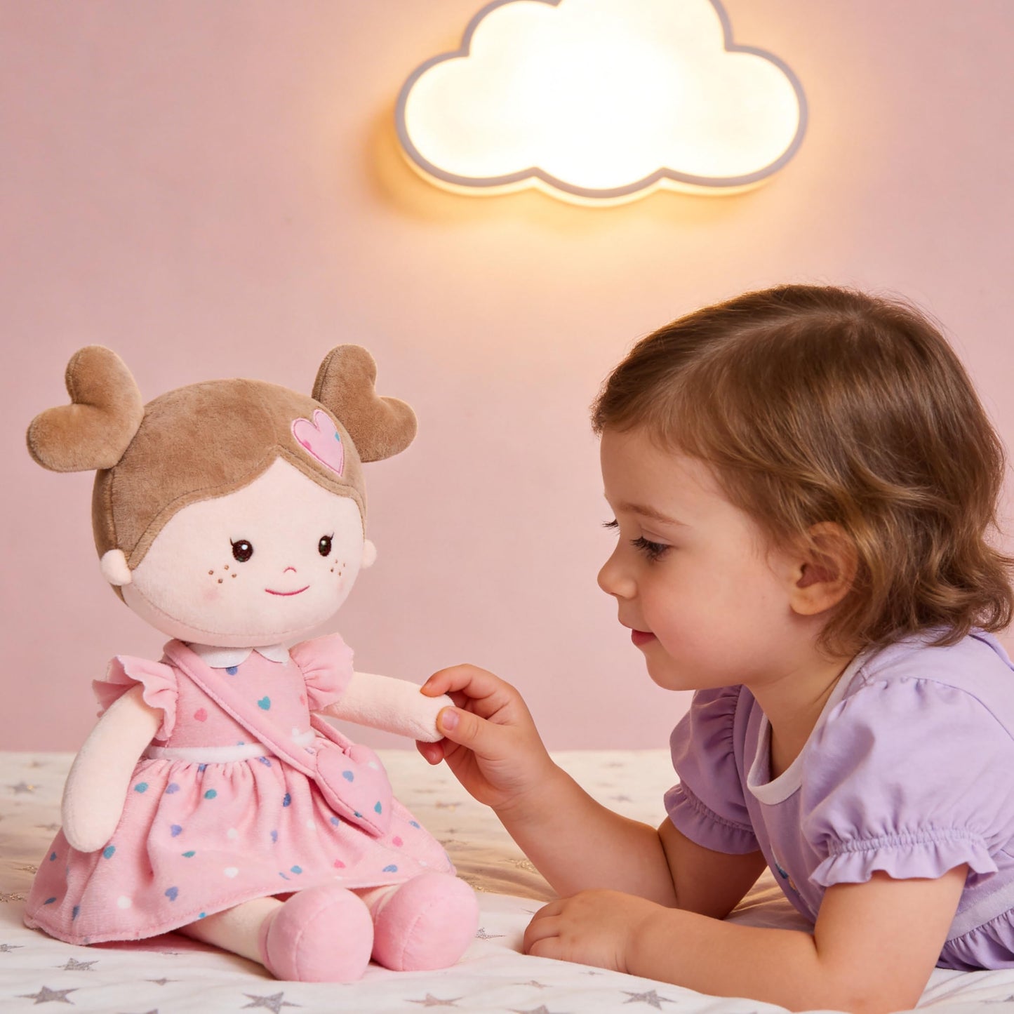 Onetoo First Baby Dolls Plush Rag Doll Soft Baby Toy Girls Sleeping Cuddle Buddy Doll Wear Pink Dress 14"