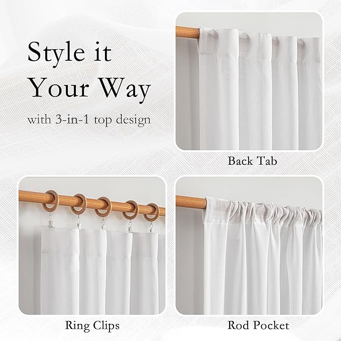 MYSKY HOME White Curtains for Beroom Liivng Room 84 Inch Length 2 Panels Set, Semi Sheer Cotton Blend Soft Touch Light Filtering Drapes for Doorways Sliding Glass Door, 50" Wide, White, 2 PCs