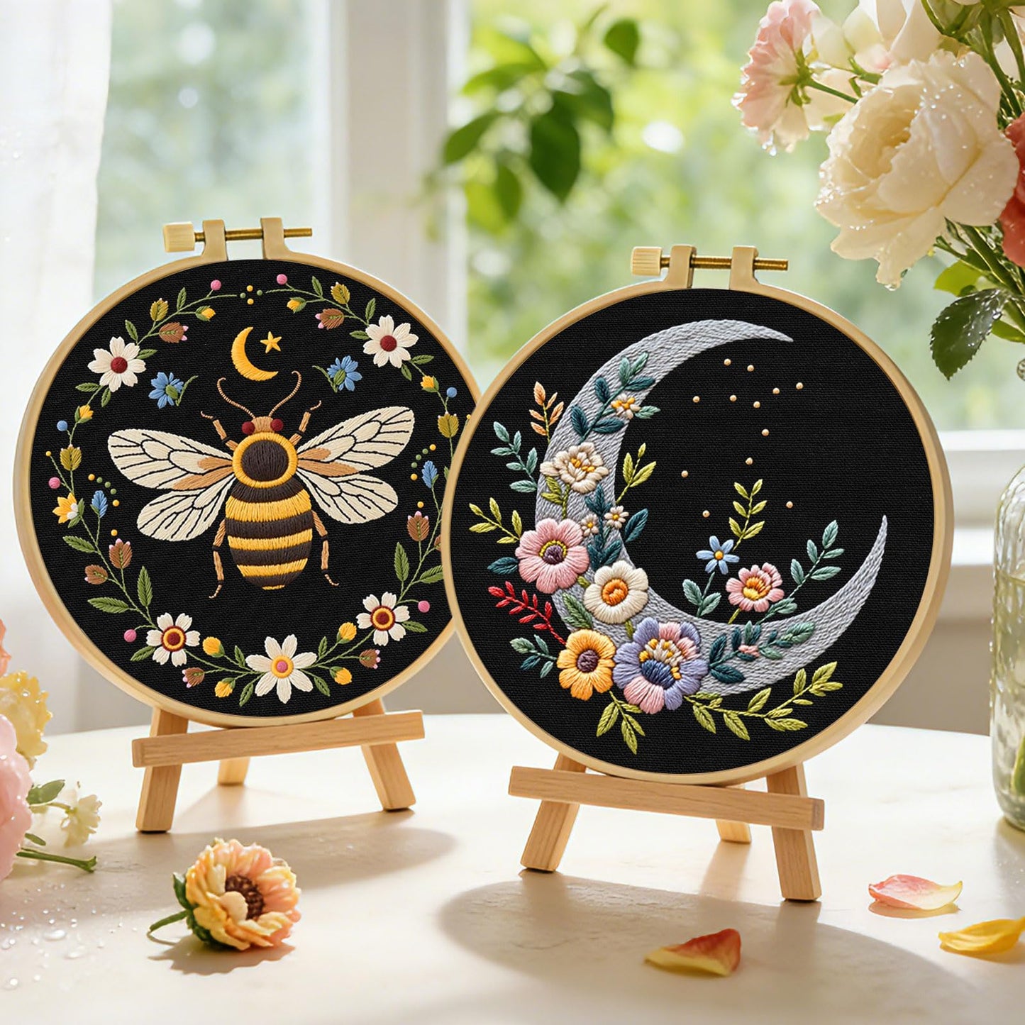 ERKOON Embroidery Kit for Beginners, 2 Set Flower Cross Stitch Set Include Embroidery Cloth Hoops Threads for Craft Lover Hand Stitch with Embroidery Skill Techniques (Bee Moon)